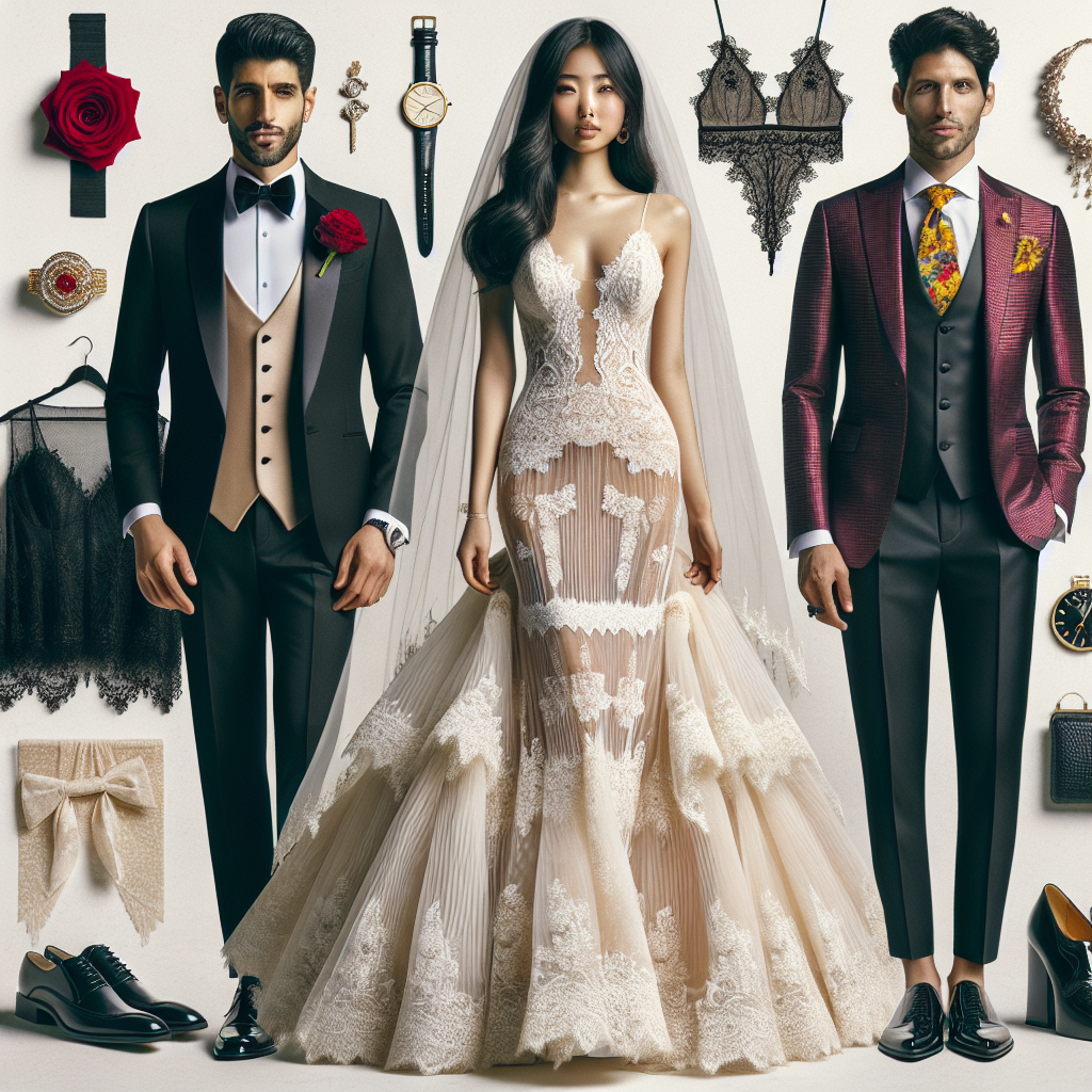 Wedding Style Guide: Discover Your Perfect Look A well-curate style guide for wedding attires. To the left, a Middle-Eastern man is wearing a classic black tuxedo with a red rose boutonniere, displaying a confident approach to traditional wedding style. In the center, an Asian woman models a plunging lace wedding gown that perfectly balances classic and modern fashion elements. To the right, a Hispanic man, flaunts an unconventional look with a deep burgundy suit and a yellow floral tie. Displayed in the background are accessories such as cufflinks, watches, veil, and shoes that complement each look, helping viewers envision their perfect wedding day outfit.
