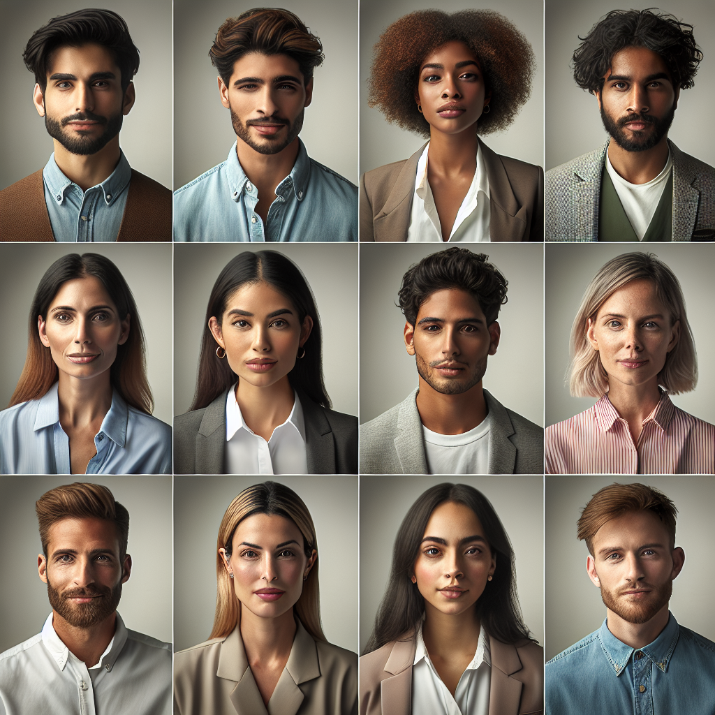 Visualize a banner article image presenting a diverse range of individuals of different descents such as Hispanic, African, Asian, Caucasian, and Middle Eastern, each posing for professional headshots. Features a series of heads and shoulders shots, displaying an assortment of effortless styles. The individuals exhibit varied gender, hairstyles, clothing, and backgrounds, all bearing confident expressions. They are wearing buttoned shirts, blazers, or dress tops, and some are subtly accessorized. Ensure that each individual's hair is styled uniquely yet professionally. Lighting in the image is soft, focused, and compliments each individual's features. The mood of the picture should be grounded, confident, and inviting.