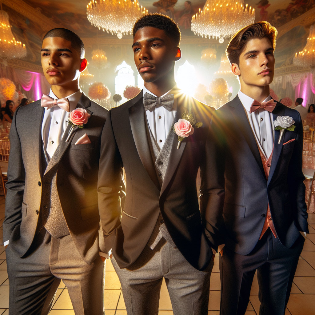 Stunning Quinceañera Attire: Effortless Elegance for Men A showcase of elegant quinceañera attire for men. Imagine three men, each of different descents – Hispanic, Black and Middle-Eastern. All are dressed in smart and sophisticated formal wear. The Hispanic man is wearing a charcoal gray suit with a pink rose-boutonnière, the black man a classic black tuxedo with a silver cummerbund, and the Middle-Eastern man a navy blue suit with a coral tie. They all stand gracefully in a grand ballroom adorned with festive decorations. Sunlight peering through the tall windows highlights the intricate details of their attires and adds a shimmering elegance.