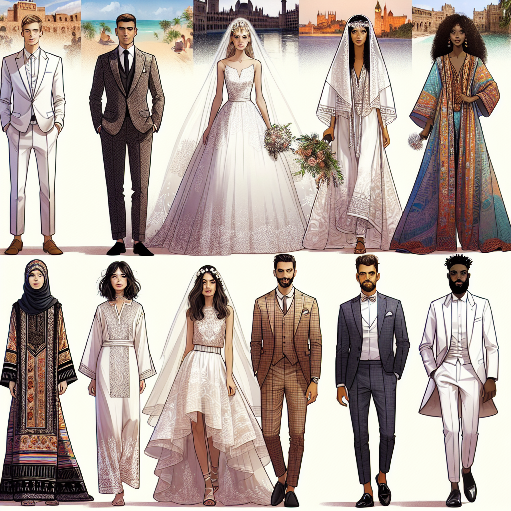 Destination Wedding Outfits: Look Stunning, Not Touristy Illustrate an array of wedding outfits designed for a destination wedding. Show six individuals of varied descents such as Caucasian, Hispanic, Middle-Eastern, Black, South Asian and East Asian, standing together. Three of them should be males and the other three females, each in culturally appropriate, yet universally appealing, wedding attire that is modern and stylish yet subtly echoes traditional elements. These outfits should give a sense of high fashion rather than typical tourist clothing. The background should be a blend of various possible destination wedding motifs, such as a beautiful beach, an old-world European city, and a lush tropical garden.
