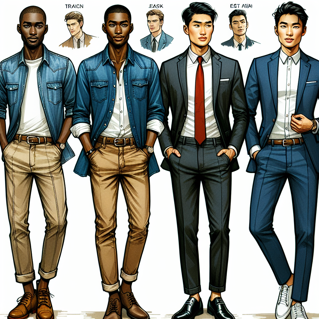 What to Wear with a Denim Shirt Men: Must-Have Looks Envision a stylish scape showcasing four essential looks to accompany a denim shirt for men. Picture one man of African descent wearing his denim shirt with khaki pants and brown loafers. Another man of Middle-Eastern descent has his denim shirt tucked into rugged jeans, complemented with black ankle boots. In another scenario, an East Asian man fuses his denim shirt with a crisp black suit, accented with a vibrant red tie. Lastly, imagine a Caucasian man combining his denim shirt with white pants and casual sneakers. These men embody various body types, hairstyles, and ages.