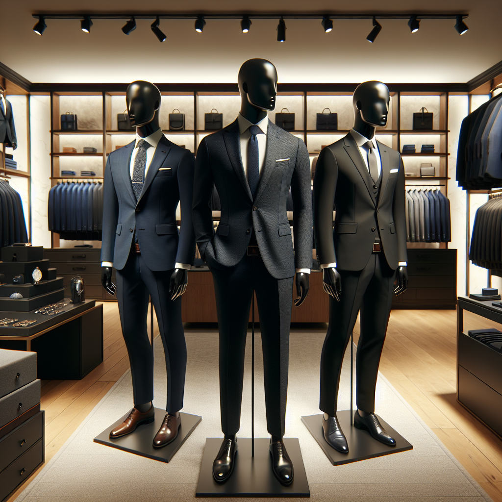Ace Your Interview: Must-Have Suits for Men Visualize a scene featuring a suit store showcasing elegant men’s business attire. In the center, three mannequins of varying descents, Caucasian, South Asian, and Black, are stylishly dressed in high-quality tailored suits in navy, charcoal and black respectively. They epitomize class and sophistication. Various accessories such as ties and cufflinks are displayed nearby. The store is well-lit with a luxurious ambiance, underlining the professionalism and smartness of the suits.