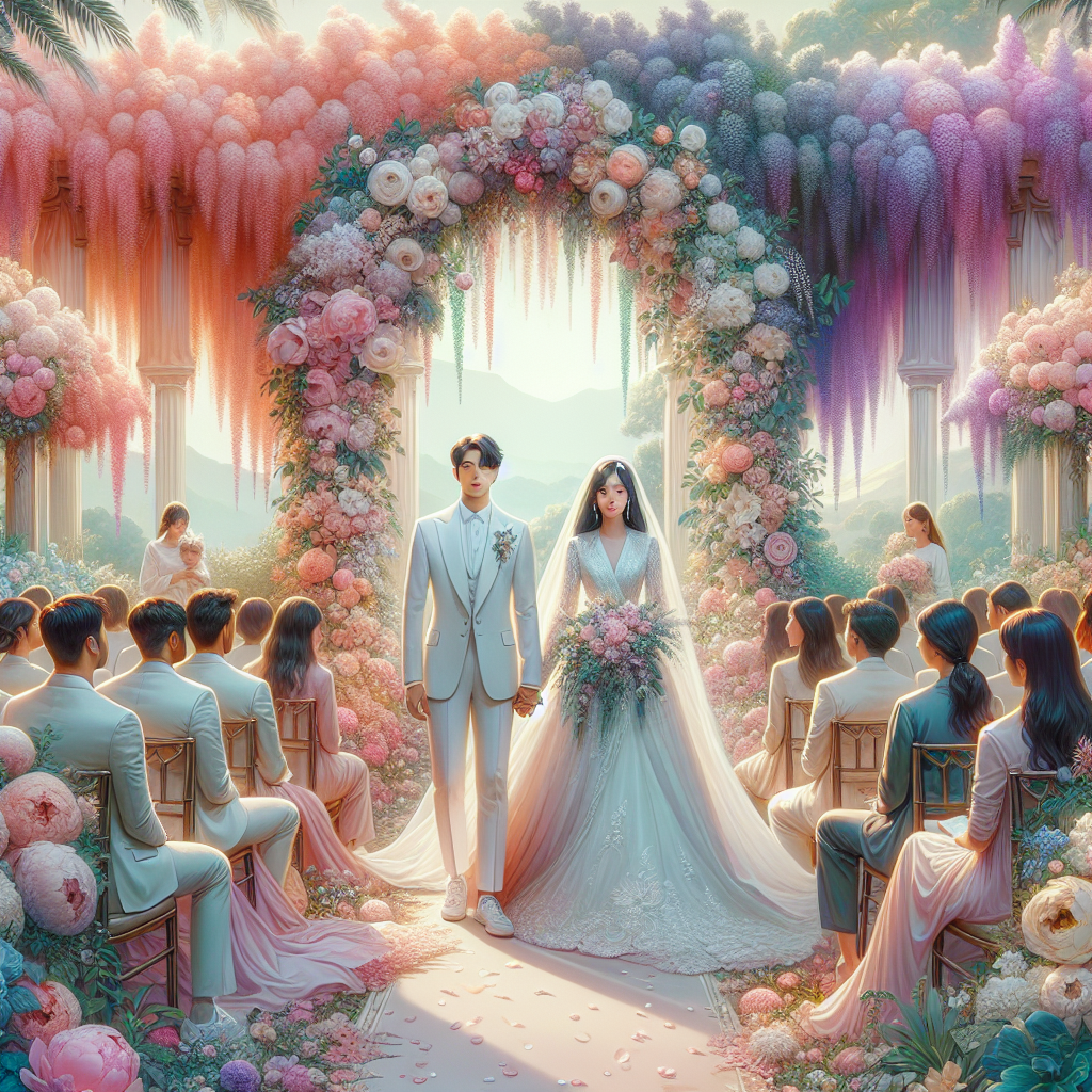 Imagine an exquisite scene of a wedding ceremony for a couple looking to find their perfect match in wedding colors. The groom, a Hispanic man with a white traditional suit, and the bride, an Asian woman donning a beautiful white gown, are standing under an arch adorned with flowers ranging in hues from pastel peaches to deep burgundies. Around them, the scenery blushes into a mesmerizing cascade of their chosen colors - soft pink peonies, lavender lilacs, and emerald green leaves dot the area, casting a romantic hue over the occasion. The guests, a diverse group of men and women from different ethnicities, are captivated by the visual harmony of colors.