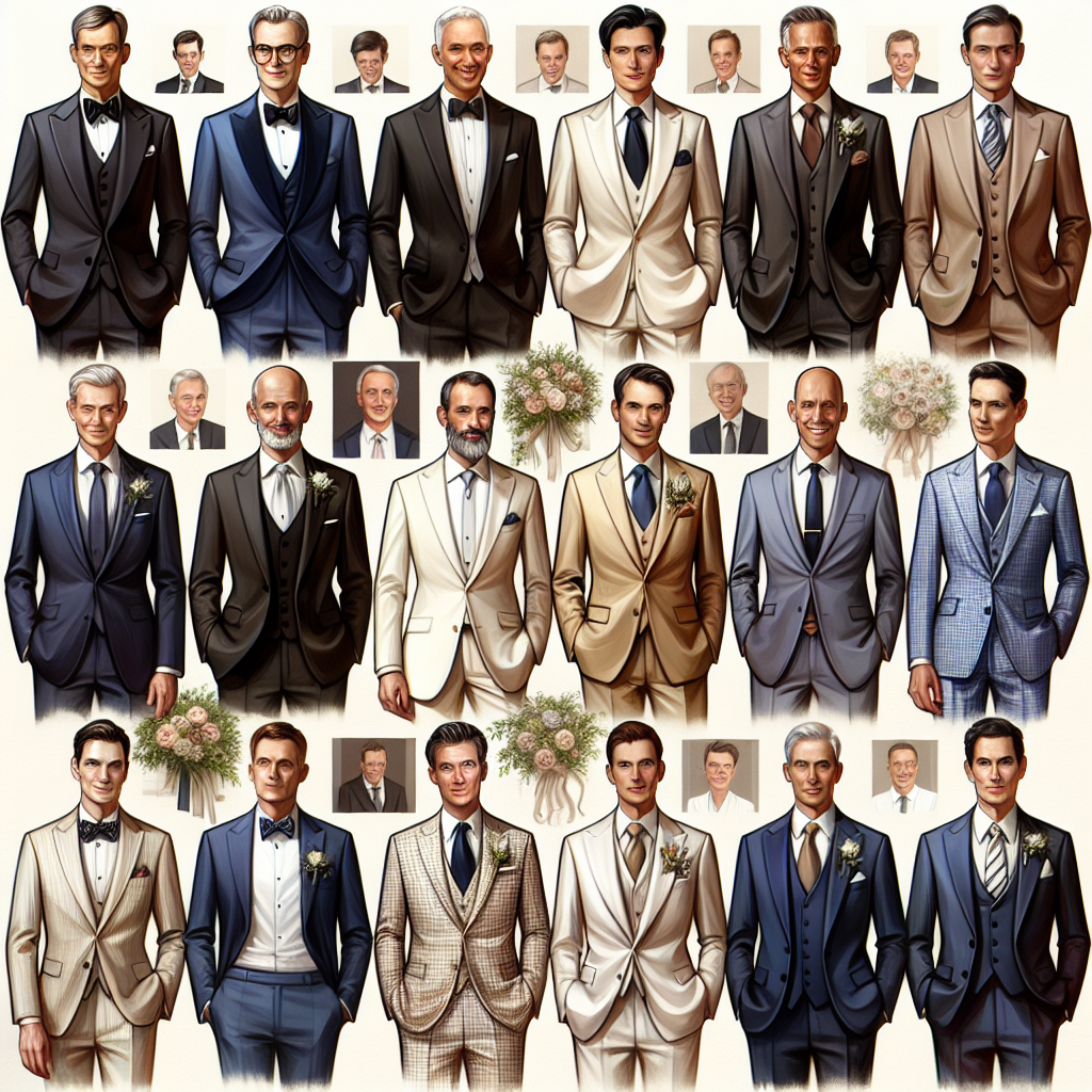 Create an elegant and distinctive image that shows a range of wedding attire for 50-year-old men. The clothes should reflect varying styles like a traditional tuxedo, a classic three-piece suit, and something more informal like a linen suit for a beach wedding. Showcase textures like lustrous satin, delicate lace, or crisp linen. Highlight details such as pocket squares, boutonnieres, or unique tie knots. Depict the men with diverse descents such as Caucasian, Asian, and Black, each with a distinct hairstyle, body build, and skin tone. The background should exude a joyful wedding atmosphere.