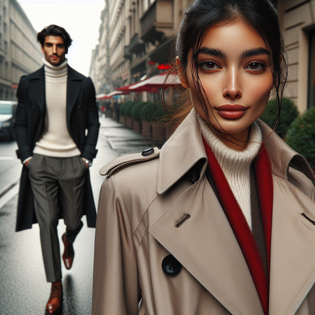 Visualize a bustling city street during a crisp autumn day. In the foreground, a stylish South Asian woman with her hair tied back is seen wearing a beige trench coat, paired with a vibrant red scarf and black leather boots. Further back, a confident Hispanic man in a charcoal grey trench coat, paired with a white turtleneck sweater and brown leather shoes, strides down the sidewalk. The focus of the image is on these two individuals, both entwined in their own worlds, embodying the timeless elegance and practicality of trench coats as a ground-breaking fashion statement.