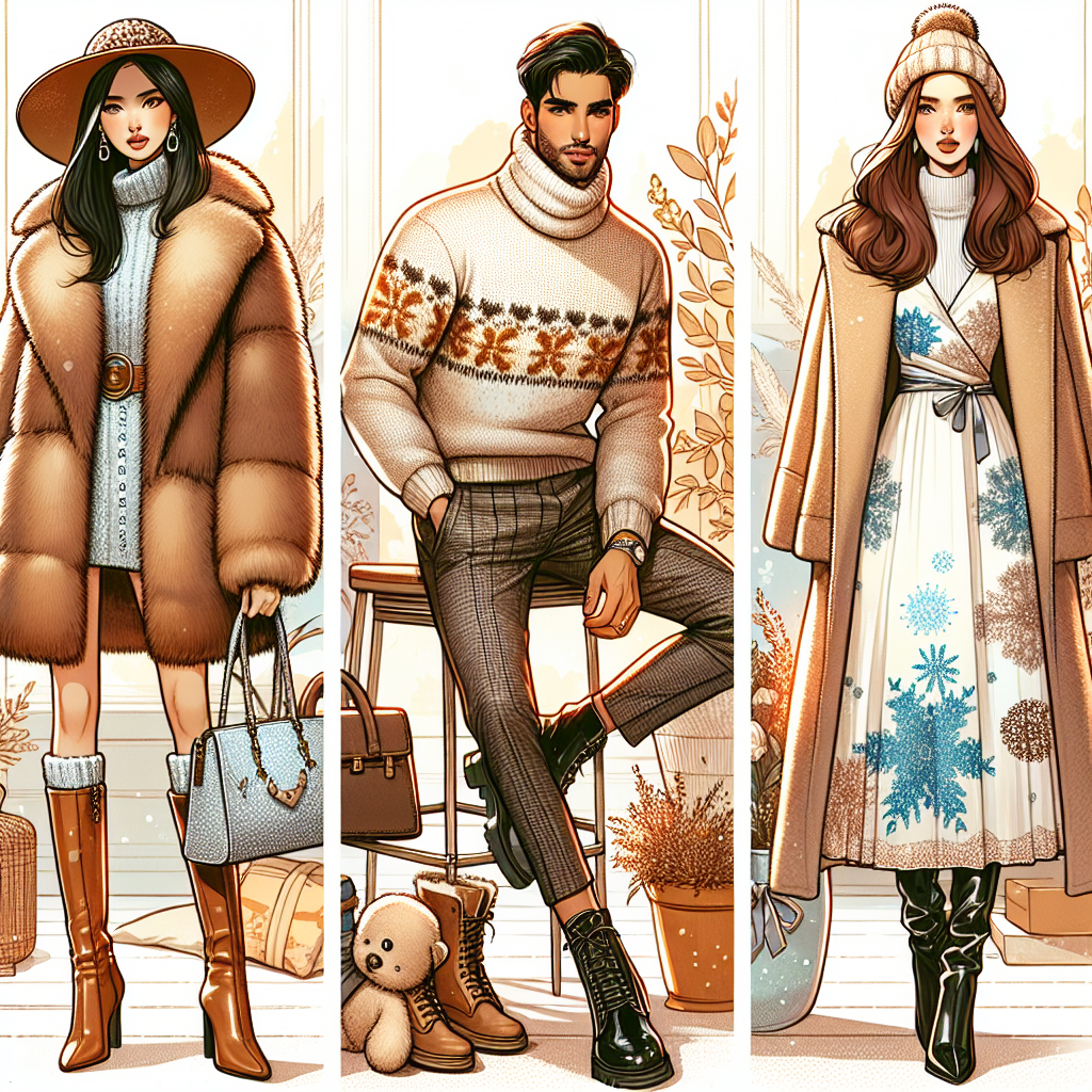 Stunning Winter Baby Shower Outfits for Guests Illustrate a charming winter scene which features three individuals attending a baby shower. The first guest is a South Asian woman wearing a stylish faux fur coat, a knitted hat, and ankle boots with warm colours reflecting the winter palette. The second guest is a Middle-Eastern man, bundled up in a dapper woolen sweater, slacks, and a scarf elegantly draped over his shoulder. The third guest is a Caucasian woman, adorned in a chic long sleeve dress with abstract snowflake patterns, complemented by tall leather boots and a stylish handbag. They're all gathered in a warmly decorated room with soft winter light filtering in.