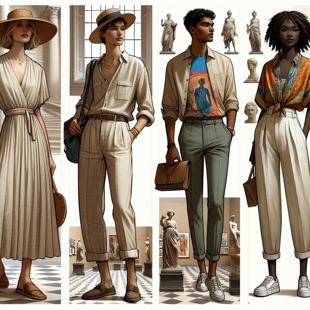 Must-Have Outfits for Museum Visits: Effortless Style Visualize a detailed and diverse set of must-have outfits for museum visits. Firstly, a Caucasian woman in an effortlessly trendy midi dress with a straw hat and sling bag. Next, depict a South Asian man in a relaxed-fit linen shirt, with chinos and loafers. Thirdly, showcase a youthful attire with a Hispanic young adult in high-waisted jeans and a vibrant graphic tee. Finally, illustrate a Black woman in an elegant and comfortable jumpsuit paired with ankle boots. For each ensemble hint at the background with subtle art pieces, statues, and curated museum interiors for context and an immersive feel. All figures should exude an air of casual yet thoughtful style.