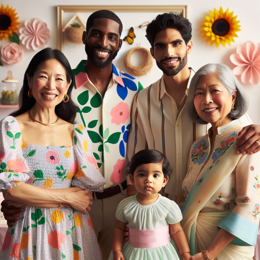 Stunning Outfits for First Birthday: Effortless Charm Portrait of four people celebrating a first birthday party. The first person is a Hispanic mother in a sundress with vibrant floral patterns. The second person is a Black father in a coordinated button-down shirt, analogous to the mother's pattern. The third person is a Middle-Eastern grandmother in a simple, sophisticated silk saree with delicate embroidery. The fourth is a one year old South Asian baby, the birthday star, in an adorable birthday outfit having pastel colors. The birthday theme could be 'Garden charm' with decorations like sunflowers, butterflies, and faux birds nest.