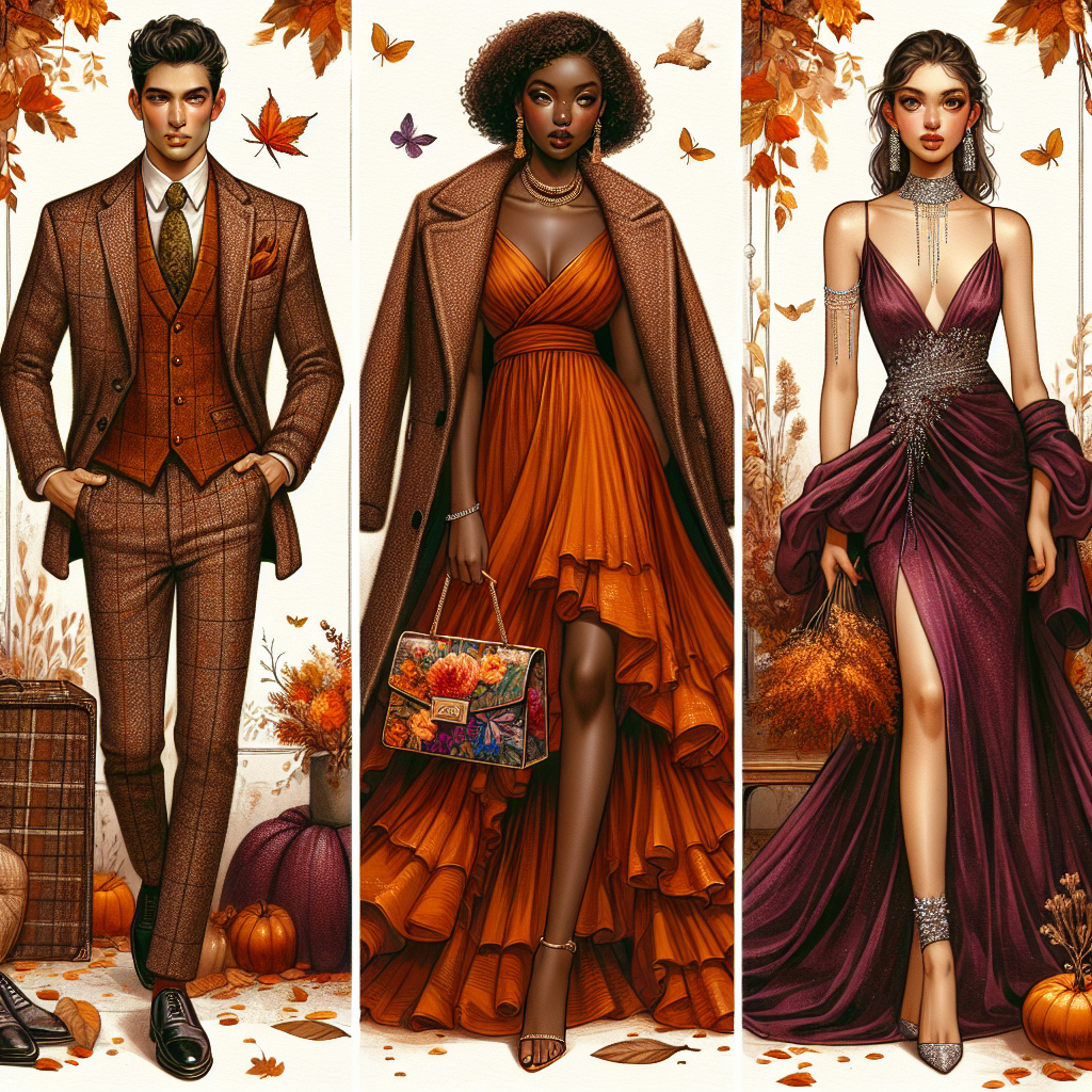 Must-Have Outfits for a Fall Wedding Guest Imagine an autumn-themed fashion catalogue showcasing must-have outfits for fall wedding guests. The first outfit is a stylish tweed suit, in deep shades of brown and orange, worn by a South Asian man. Adding to the ensemble, he carries a matching woolen overcoat draped over his shoulders. Next, a busty Black woman elegantly dressed in a burnt orange flowy chiffon dress, adorned with gold jewelry. She carries a vibrant, oversized floral print handbag as an accessory. Lastly, a petite Middle-Eastern woman radiates beauty in a plum-colored velvet evening gown, paired with silver statement accessories. Fallen leaves scattered around add to the lush fall ambiance.
