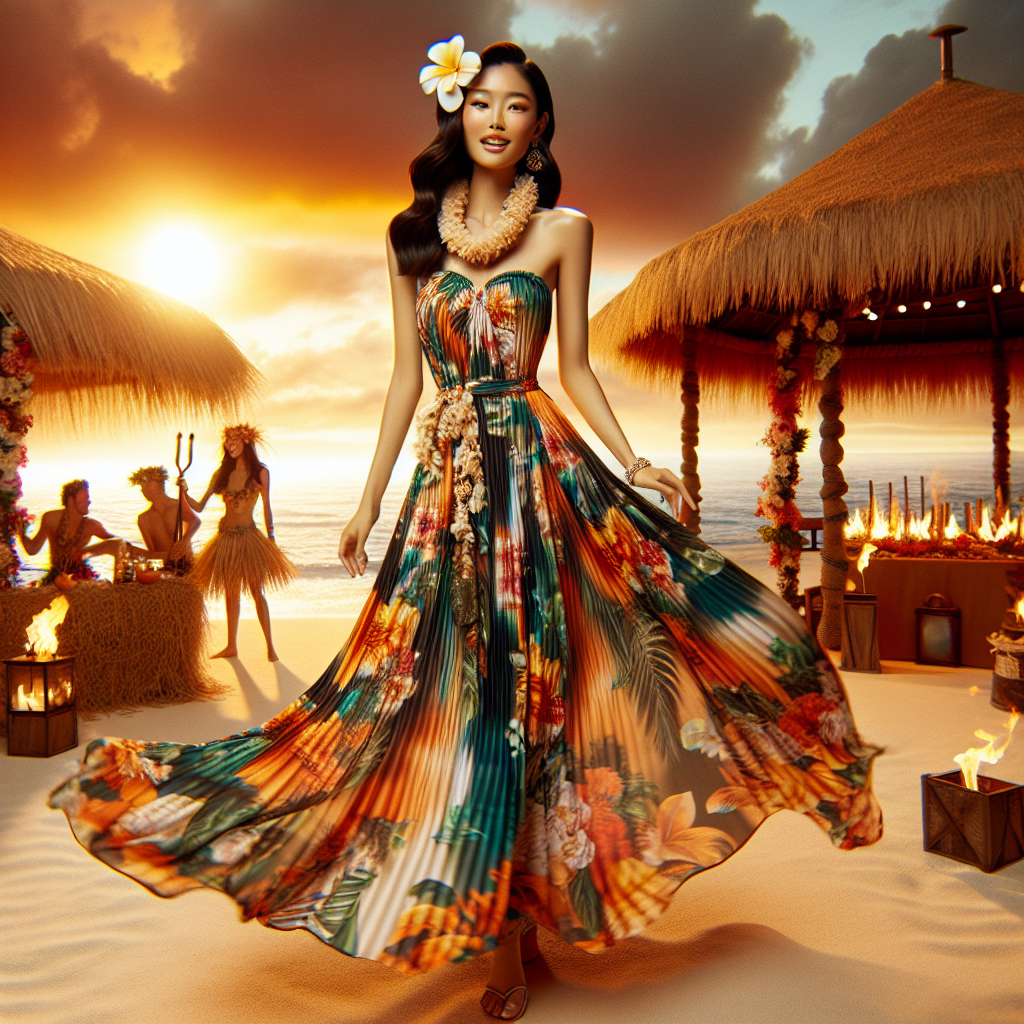 Stunning Luau Outfits: Effortlessly Perfect for Her Picture a lively luau scene. In the foreground, an Asian woman stands out dressed in a captivating luau outfit. She's wearing a vibrantly colored, printed maxi dress that flows seamlessly with every movement. Her accessories include a natural flower lei around her neck and a flower in her hair. The scene is set against the backdrop of a setting sun, adding a warm glow to the overall ambiance. Background details include elements of a traditional luau such as torches, a grass-thatched hut, and a string of lanterns. Laughter and music fill the air, encapsulating the spirit of Aloha.