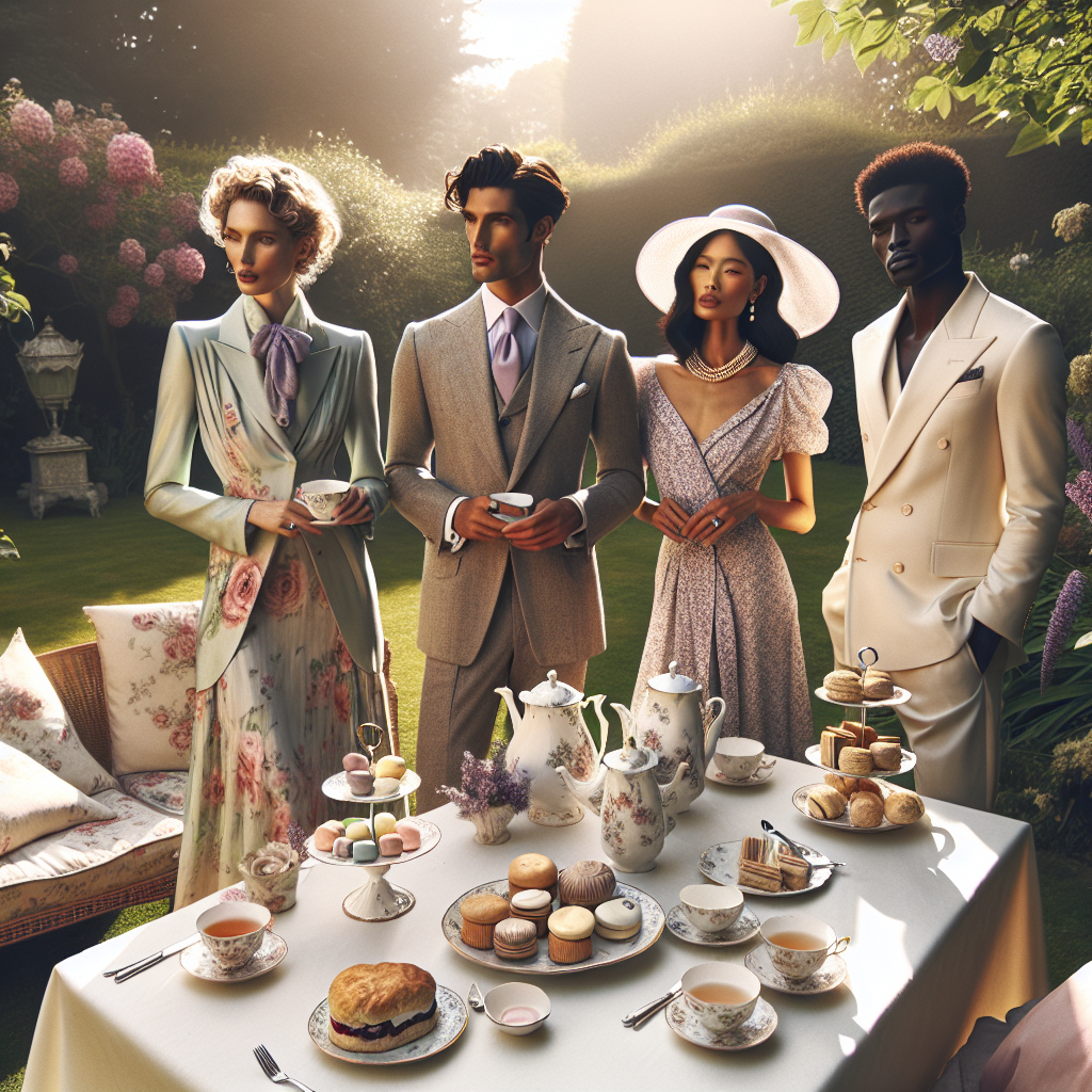 Stunning Outfits for Your Next Tea Party Brunch! Picture an elegant garden setting for a formal afternoon tea party brunch. There is a beautifully set tea table with white linen, porcelain tea pots and cups, pastel macaroons, finger sandwiches, and petite scones alongside clotted cream and jam. In this enchanting setting, imagine four fashionably dressed individuals. A Middle-Eastern woman is wearing a floral print dress with a matching hat, while a Caucasian man is clad in a light suit with a lavender tie. There's a black woman donning a stylish pastel pant-suit accessorized with a pearl necklace and a South-Asian man in a crisp white shirt and beige trousers. The sunlight filters through the trees adding a magical touch to the scene.