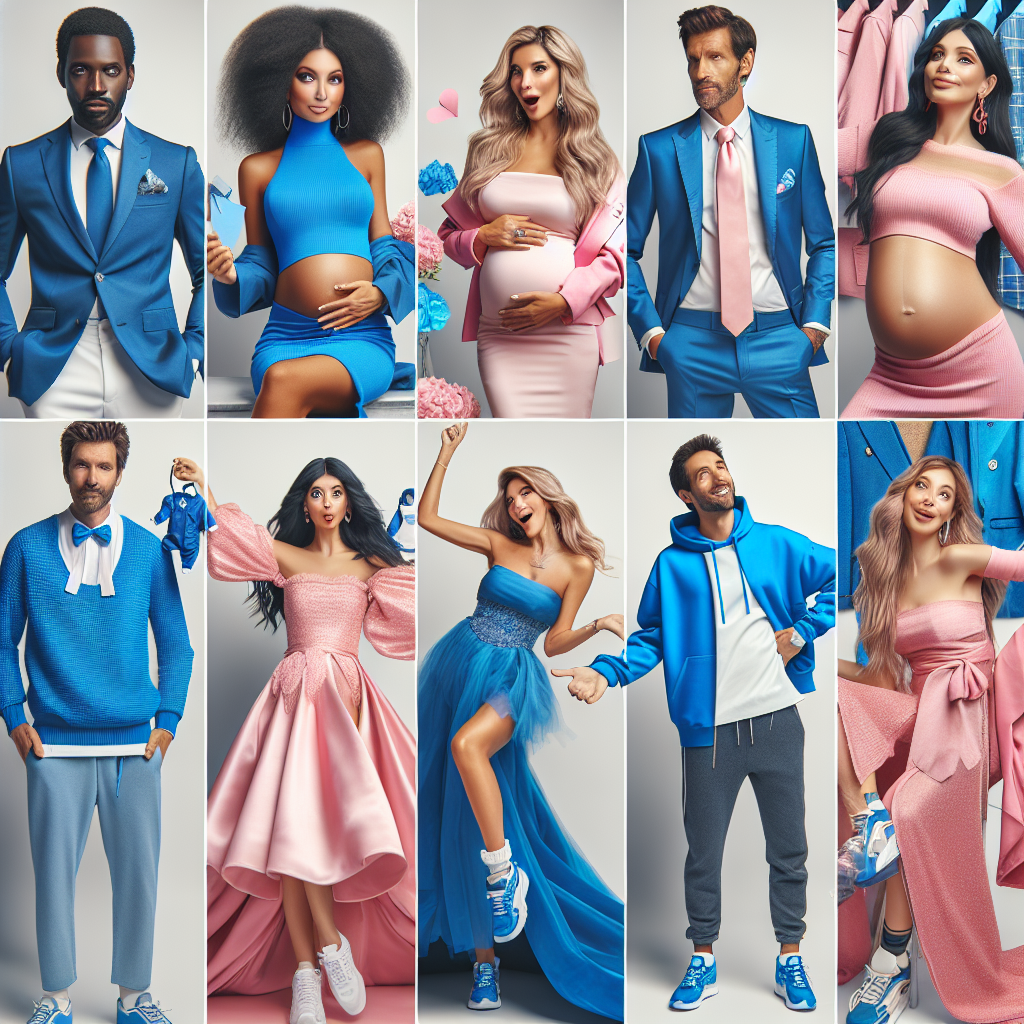 A display of stunning and creative outfit ideas appropriate for a gender reveal party. Some people are wearing striking blues and others radiant pinks. There's a Black man in a dapper blue suit, a Hispanic woman in an elegant pink dress, a Middle-Eastern man in blue casual attire, a South Asian woman in a sophisticated pink gown, a Caucasian man in sporty blue attire, and a White woman in trendy pink streetwear. All are expressing joy and surprise at the reveal.