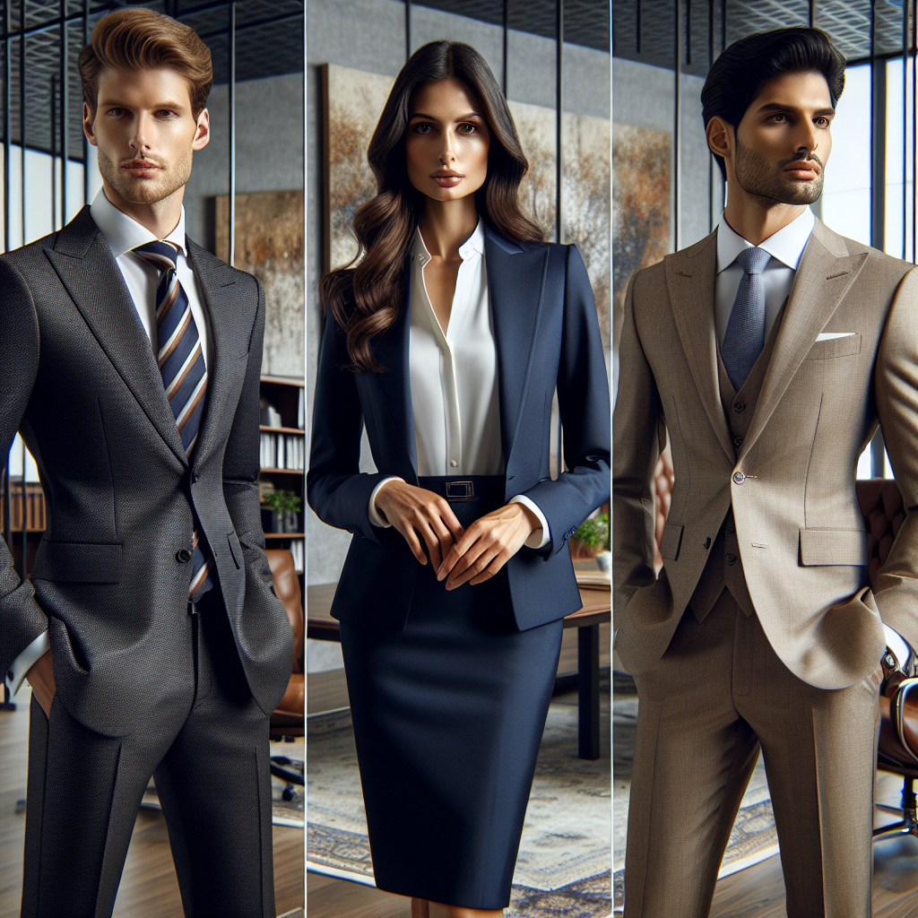 Three professionals, each displaying a distinct and professional choice of attire for an interview setting. The first, a Caucasian man, formal in a charcoal grey business suit, with an exquisitely knotted striped silk tie. The second, a Middle-Eastern woman, professional in a navy blue skirt suit paired with a white silk blouse. The third, a South Asian gentleman, poised in a tailored beige three-piece suit, coordinated with a light blue dress shirt. All standing against a backdrop of a sophisticated office setting, filled with glass partitions, polished wooden surfaces, and abstract art on the walls.