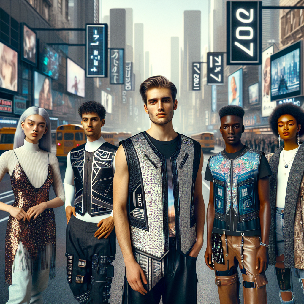 A futuristic 2024 fashion scene showcasing must-have styles for anyone and everyone who enjoys wearing a vest. On the street of a busy futuristic urban environment, present several individuals of diverse descents and genders: a Caucasian male in a futuristic sleek suit vest, a middle-eastern female in a high fashion sequinned vest, a south Asian non-binary individual wearing a denim vest with avant-garde patches, a Black woman in a classic leather vest, and an Hispanic male in a quilted down vest. Showcase their vests with complementing outfits, embodying the latest in 2024 style.