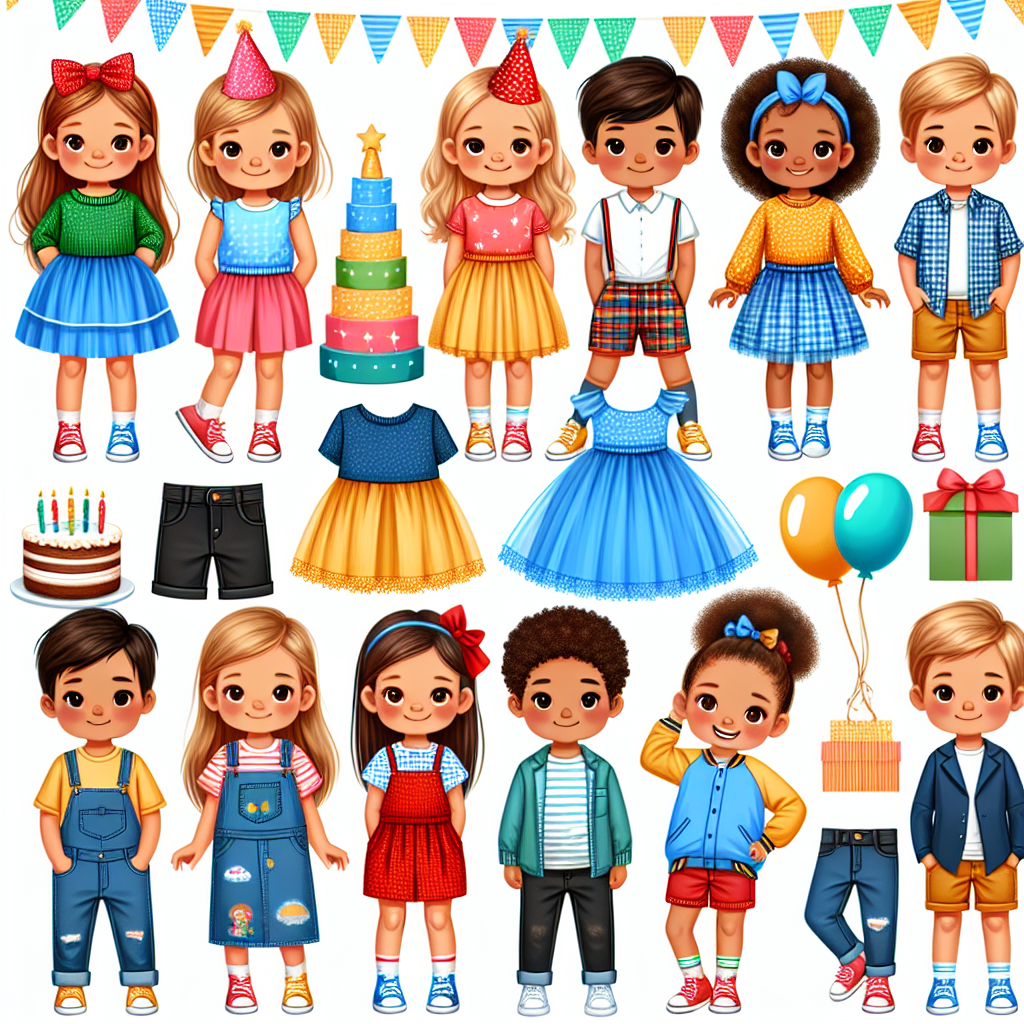 An image representing various outfit ideas suitable for a kids' birthday party. Include a range of children of different descents, such as Caucasian and Black kids, both boys and girls. The outfits should be festive, colourful, and kid-friendly. Some of the children could be wearing party hats, others in vibrant, cute dresses, and others could be dressed in smart, casual wear such as polo shirts and denim shorts. Please incorporate balloons, presents, and a cake in the background to set the festive atmosphere, and ensure to match the positivity and energy of a children's birthday party.