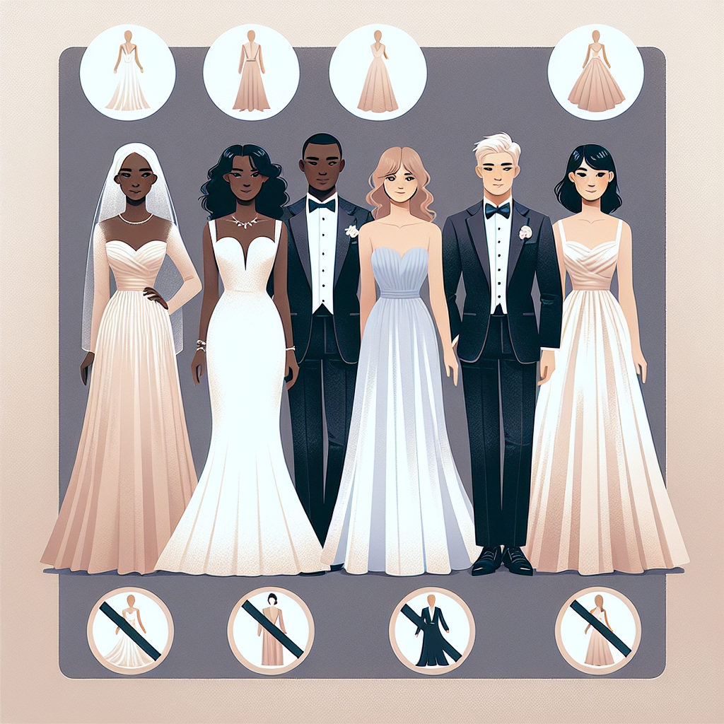 Create a visually instructive image for a wedding dress guide. Feature it with five different mannequins, each showcasing a different wedding attire: a Caucasian woman in an elegant white wedding dress with a long train, an African man in a smart black tuxedo, an Hispanic woman in a bright blue bridesmaid dress, a Middle Eastern man in a light beige suit, and an Asian woman in a pastel pink mother-of-the-bride outfit. Beside each mannequin, have a large 'no' symbol (a circle with a diagonal line through it), indicating that these colours should be avoided at weddings. The background could be a soft, neutral colour to avoid distractions.