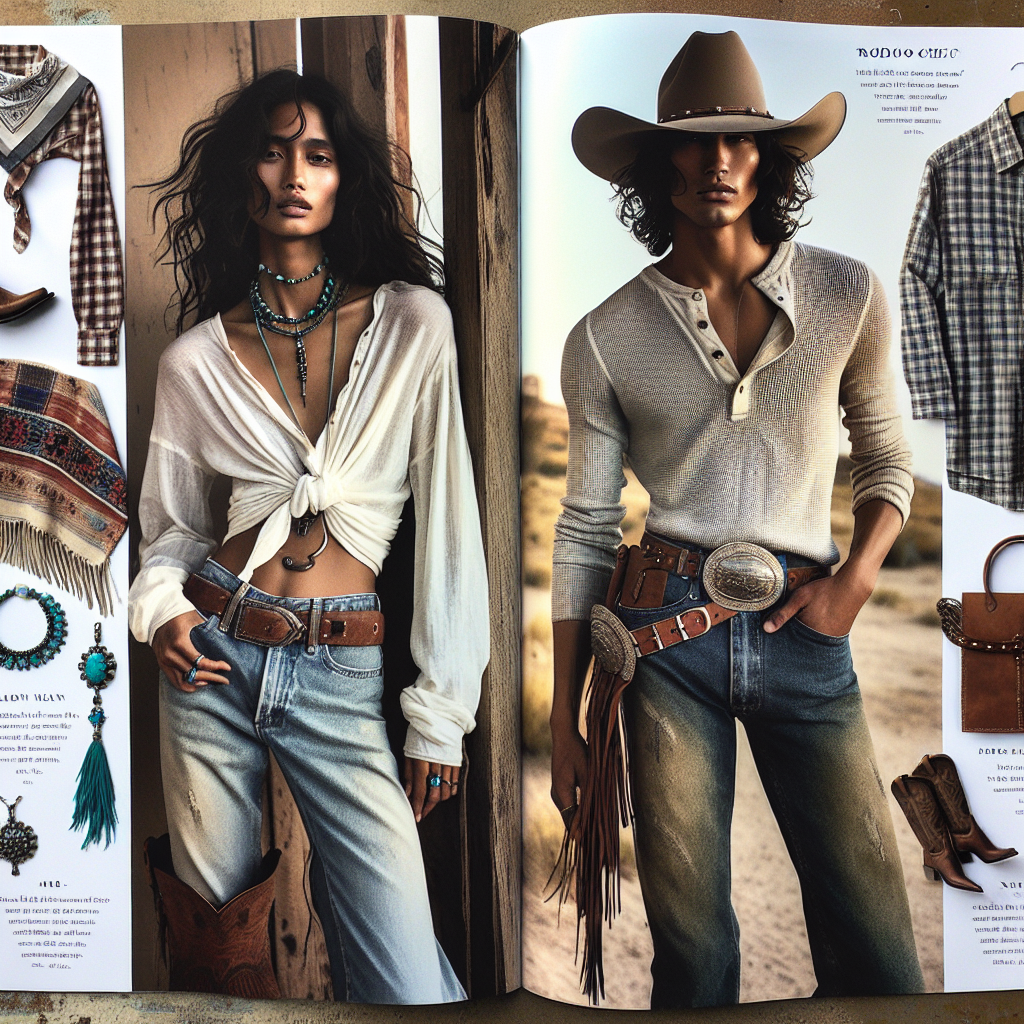 Rodeo Chic: Must-Have Outfits for Effortless Style Envision a style guide spread displaying must-have pieces for achieving a 'Rodeo Chic' look. In the center, there's a South Asian woman, showcasing a plaid shirt knotted at the waist, denim jeans, and a pair of worn leather boots. To her right, a black man is wearing a white, long-sleeve Henley, dark-wash denim jeans, and a finely made cowboy hat. On her left, a Hispanic woman dons a denim dress and a bandana scarf. Also, include accessories like a cowboy belt, a fringed jacket, turquoise jewelry, and a rustic leather bag. The environment should evoke a sun-soaked prairie for a true rodeo feel.
