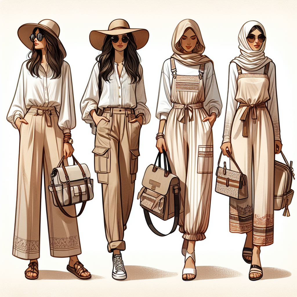 Chic Travel Outfits for Women: Discover Your Must-Have Look An array of stylish travel clothes for women. On the left is a Caucasian woman dressed in comfortable yet fashionable attire, possibly a loose-fitting silk blouse, high-waisted pants and a floppy felt hat. She is carrying a travel bag on her arm and wearing comfortable sandals. Next to her, a Middle-Eastern woman is depicted in a chic, lightweight jumpsuit with a designer crossbody purse, sunglasses resting atop her head and comfortable walking shoes. These outfits blend comfort and style, perfect for exploring new cities or lounging at a trendy cafe.