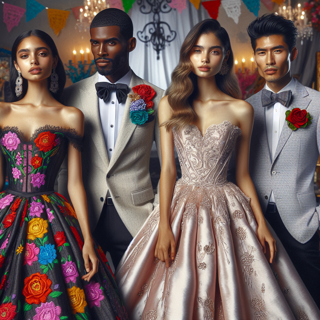 Stunning Outfits for Quinceanera Guests: Effortless Style Visualize a diverse group of people at a traditional Quinceanera celebration. Hispanic woman in a vibrant, floral print dress with delicate lace detailing, Black man in a stylish, tailored suit with a well-coordinated tie, Middle-Eastern woman in a sophisticated, satin gown with an intricate, beaded design, and an Asian man in a crisp, pastel linen suit. Each person portrays an effortless style and elegance, reflecting the sophistication of the event. The background is filled with festive decorations fitting for the celebration.