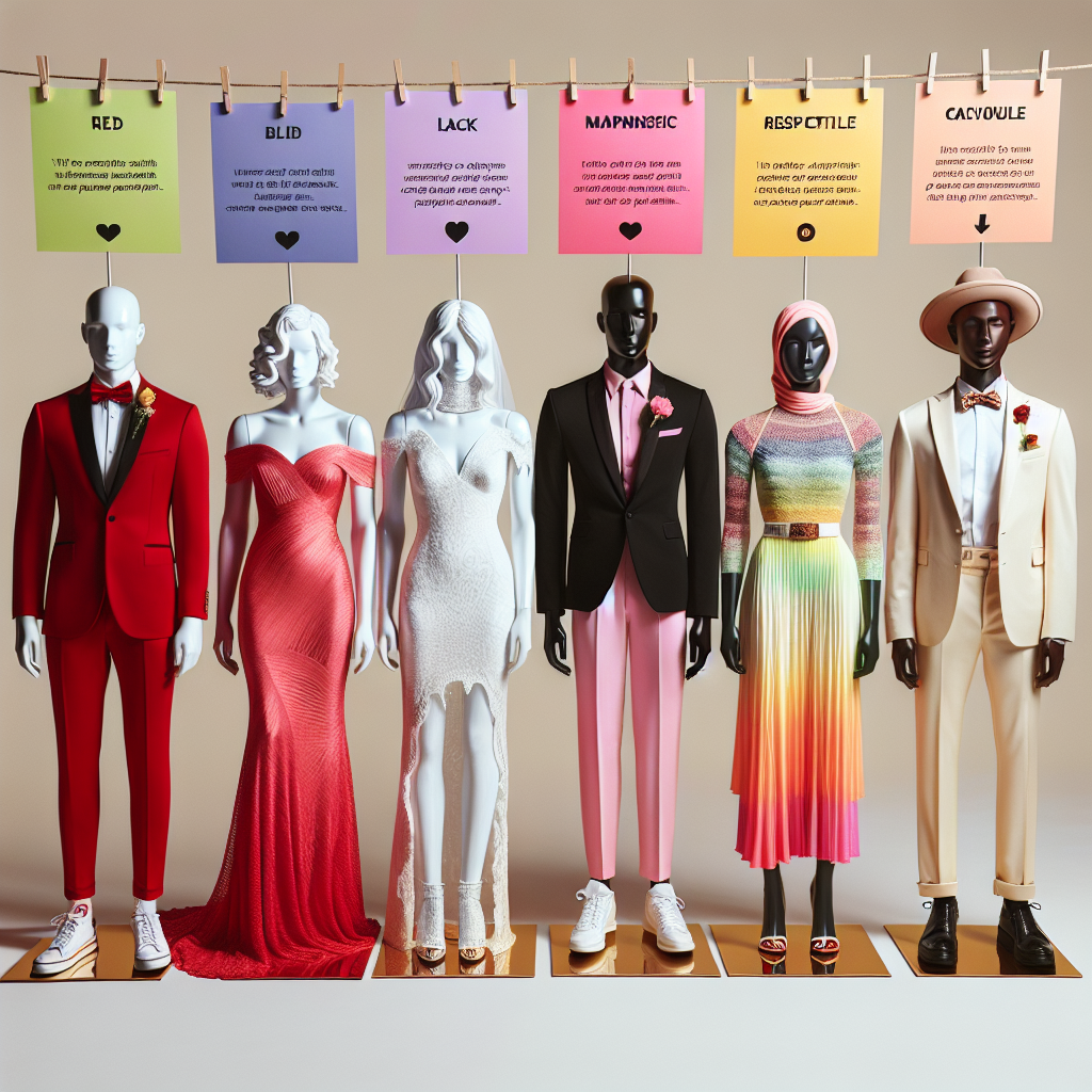 Imagine a stylistic magazine spread themed around wedding etiquette. It showcases five varied mannequins styled in different, vibrant colored outfits that are typically considered as inappropriate for weddings. Each mannequin represents a different gender and descent: a Caucasian male in red, an Asian female in white, a Black non-binary individual in black, a Hispanic woman in a neon ensemble, and a Middle Eastern man in creamy attire. They're all in a row against a pastel background with playful, respectful reminder notes suspended around them, highlighting the cultural faux pas associated with each color.