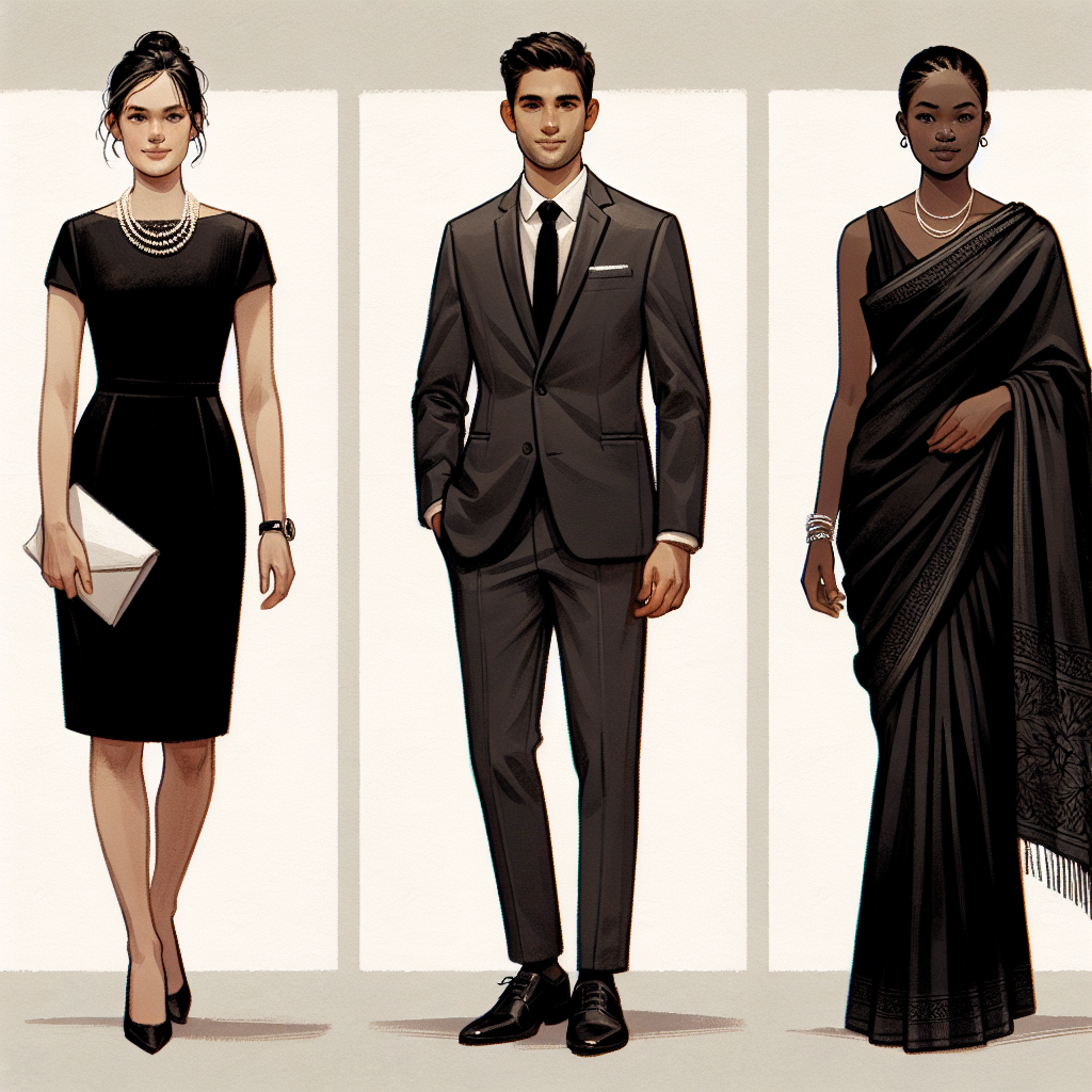 An illustrative representation focusing on apparel suitable for a somber event like a funeral visitation. Please depict three individuals of different descents - Black, Hispanic, and Caucasian - each displaying respectful choices of attire. The first person, a Caucasian woman, wears a black dress with a pearl necklace. The second person, a Hispanic man, is attired in a dark grey suit with a black necktie. The third person, a Black woman, presents an elegantly draped black saree paired with a simple piece of silver jewelry. The background could be a neutral, calming color to maintain focus on the attire.