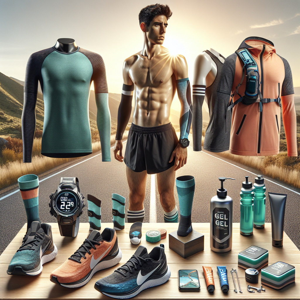 Marathon Must-Haves: Effortless, Top-Performance Gear A display to visualize some of the must-have items for a successful marathon run: high-performance, breathable, and easy-to-move running clothes on a fit male model of South Asian descent; lightweight, cushioned professional running shoes presented next to a pair of comfort-enhanced athletic socks; a hydration backpack in action on a female runner of Hispanic descent with short hair; an energy gel pack, digital wristwatch with GPS and a heart rate monitor, and anti-chafe balm arranged neatly. In the background, an open, sun-lit road suggesting a marathon route extending to the horizon.