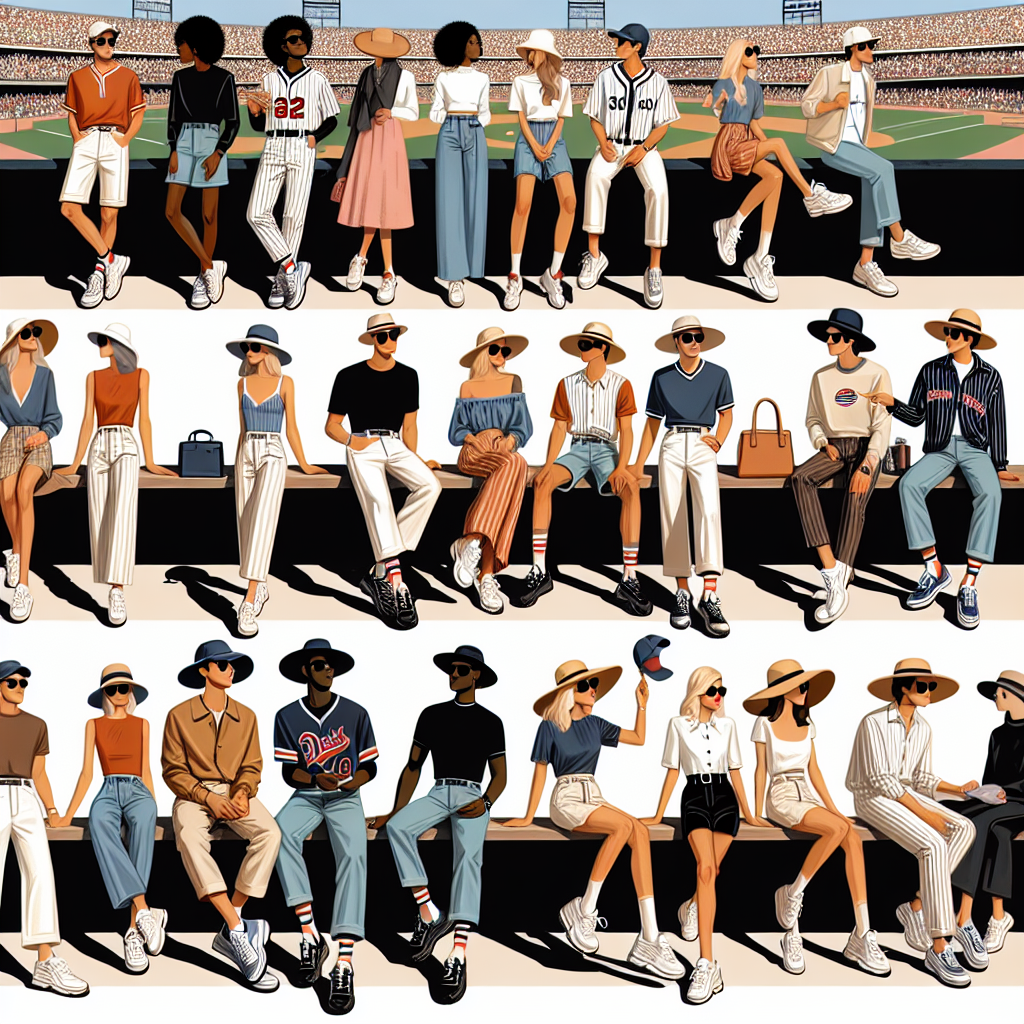 Illustrate a vibrant scene at a baseball game designed for a style guide article. Include a variety of spectators of different descents such as Black, Middle-Eastern, and Caucasian, showcasing their effortless fashionable outfit choices. Detail an ensemble ranging from cool and casual, such as jeans and a team jersey, through to chic and stylish, including a light dress paired with a sun hat. Make sure to incorporate small but essential accessories like sunglasses, baseball hats, and stylish footwear. The setting should be a typical sunny day at a baseball stadium with a clear view of the diamond.