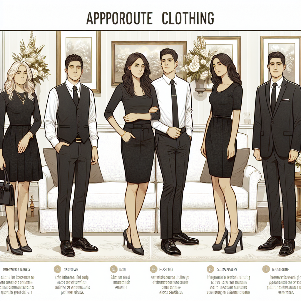 An insightful guide featuring various types of appropriate clothing for a funeral visitation. Show a solemn and respectful atmosphere with people wearing dark clothing. Depict a Caucasian man in a well-tailored black suit with a white shirt, tie, and polished shoes. Also, illustrate a Hispanic woman dressed in a black, knee-length dress paired with dark heels and moderate jewelry. Make sure the individuals convey a quiet sense of respect and mourning. To complete the illustration, include the interior of a softly lit condolence room with subdued floral arrangements. Remember, the focus is on suitable clothing and respectful behavior.