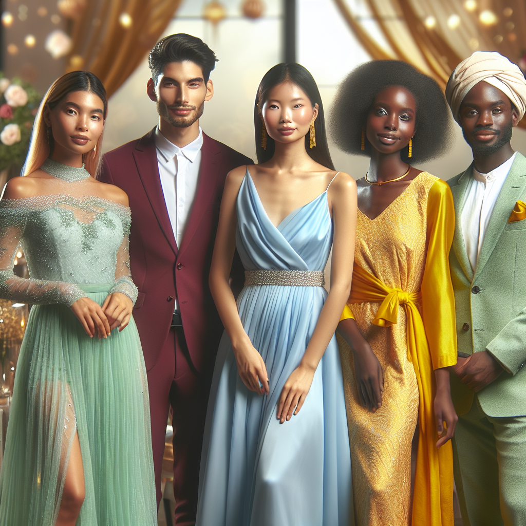 This image depicts a diverse group of individuals gathered together for a reunion. The scene includes a Hispanic woman wearing a light-blue evening dress, an Asian man in a burgundy suit, a Black woman showcasing a vibrant green wrap dress, and a Middle-Eastern man donning a yellow traditional outfit. The emphasis is on the effect of different color choices on their stunning and celebratory reunion outfits. The backdrop is filled with soft-focus party decorations to suggest a heartwarming gathering atmosphere.