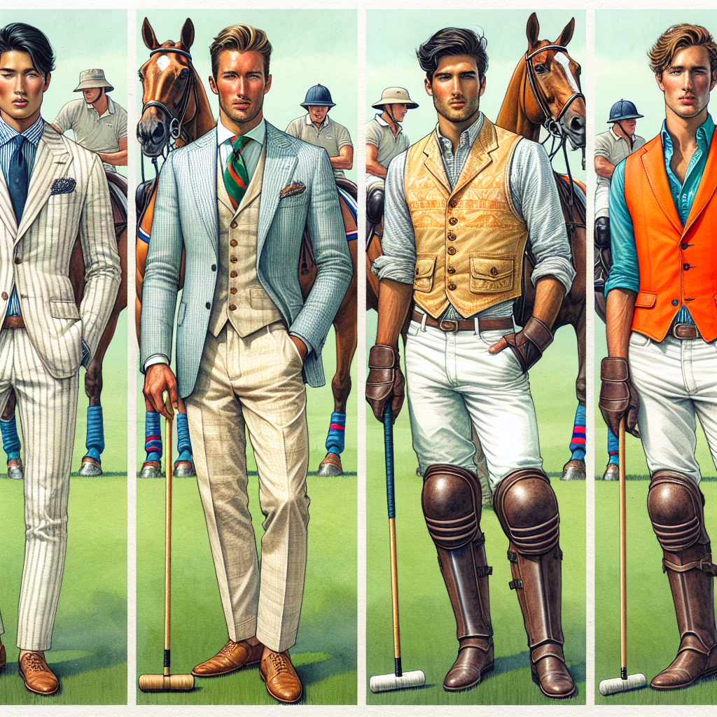 Must-Have Outfits for Men at Polo Matches A detailed and vibrant image showing four different men, each of different descents (East Asian, Caucasian, Middle-Eastern, and Hispanic), wearing various must-have outfits to a polo match. The first man is in a finely-tailored linen suit with a pinstripe shirt, the second one is wearing a modern blazer with chinos, the third is dressed in a traditional Polo outfit with riding boots, and the final man is wearing a bright vest over a crisp, white shirt. All are armed with polo mallets. The backdrop should be a lush, green polo field, with horses in the distance.