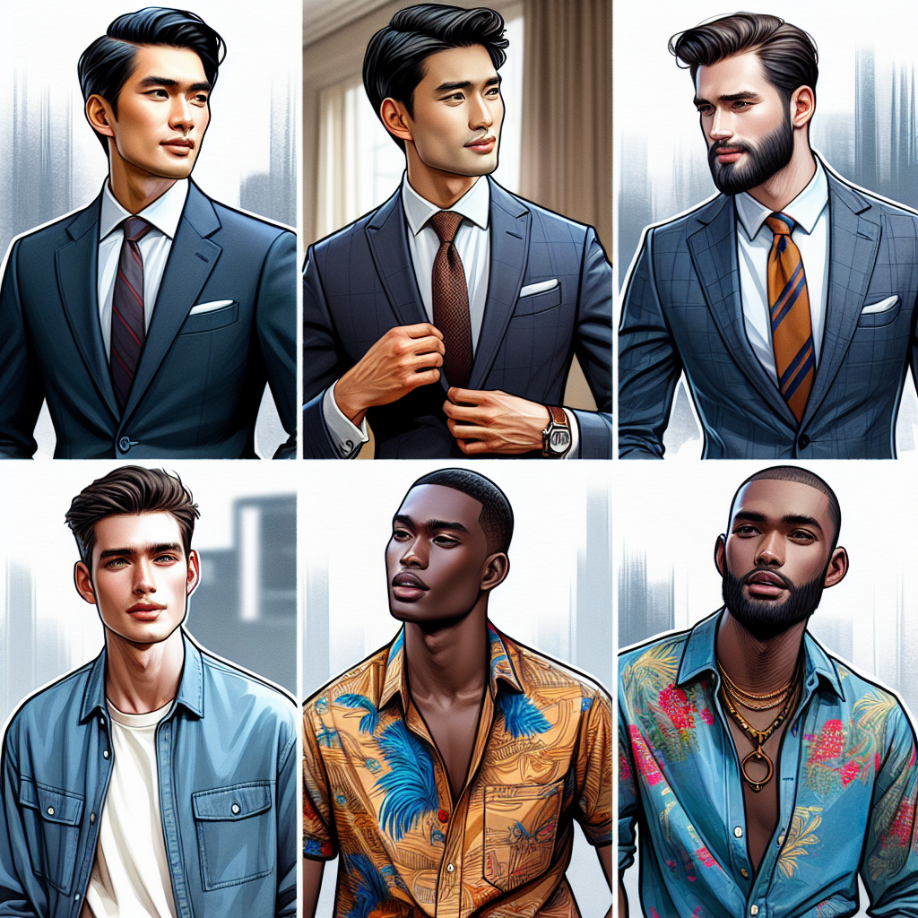 Stunning Outfits for Men’s Headshots: Capture Perfection Illustrate a variety of professional and stylish outfits for men's headshots. In the first scene, imagine a South Asian male dressed in sharp business attire featuring a dark suit, crisp white shirt and bold colored tie. In the next scene, depict an Hispanic male wearing casual chic attire - a fashionable denim shirt with the top button undone. Lastly, imagine a black male sporting creative attire with a bright printed shirt and unique accessories. Emphasize the perfect fitting of the clothes and the confident expressions on their faces. Backgrounds should be soft and sophisticated, enhancing the focus on the subjects.