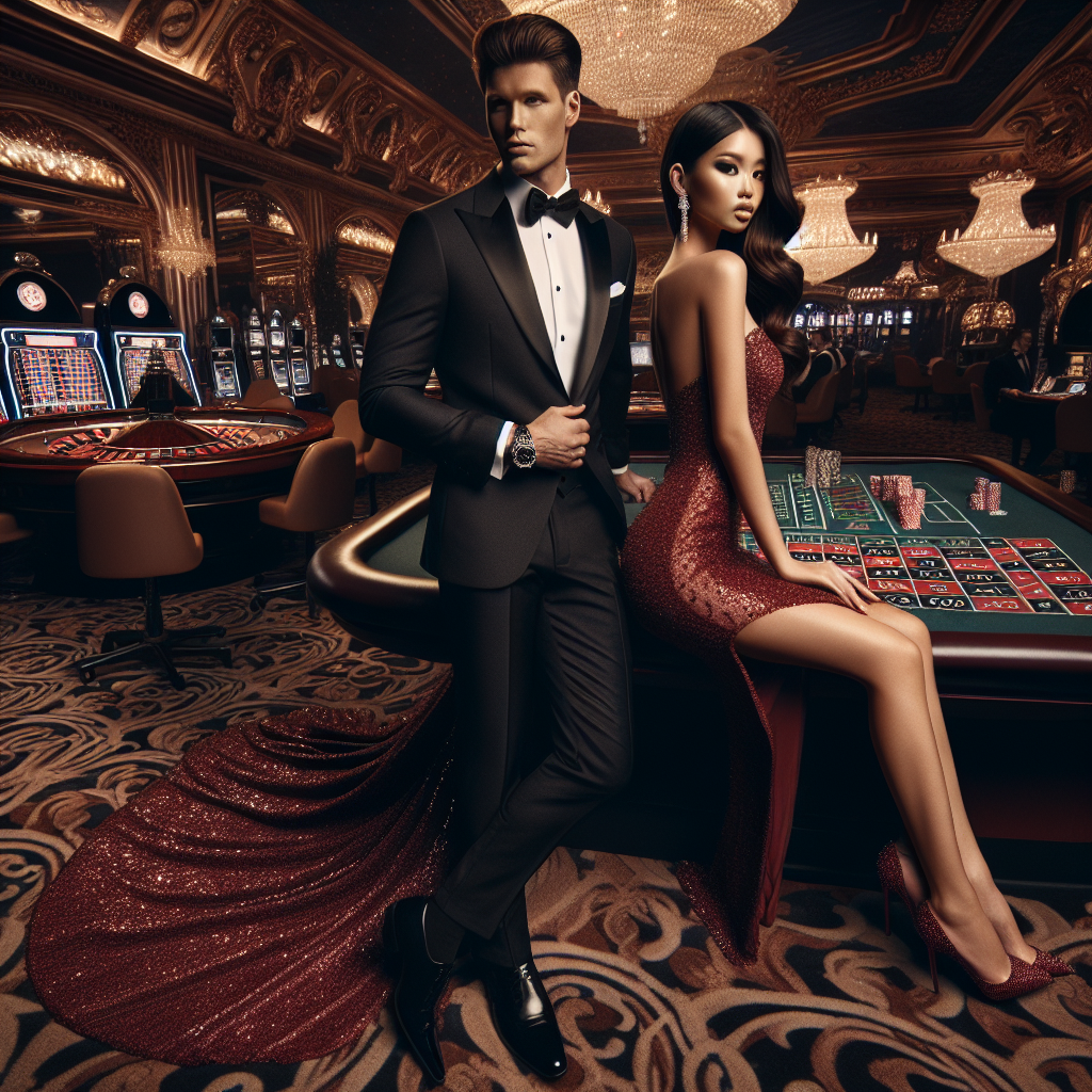 Find Your Perfect Casino Night Outfit: Exclusive Tips Imagine an elegantly dressed individual in a perfect casino night outfit, standing in a lavishly decorated casino hall. The individual is Caucasian and identifies as male, wearing a sleek black tuxedo paired with a crisp white shirt and bowtie. He is accessorizing the outfit with diamond cufflinks and a designer watch. Seated beside him at the roulette table is an Asian woman, dressed impeccably in a sparkling red evening gown with a high leg slit, matching stiletto heels, and dazzling diamond jewelry. The scene depicts excitement, elegance, and sophistication, perfectly reflecting a high-end casino atmosphere.