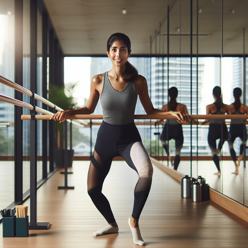 Barre Class Essentials: Effortless, Must-Have Outfits Create a visually appealing image of an enthusiastic South Asian woman in her sweat-resistant, well-fitted tank top and flexible workout leggings outfit, participating in a barre class. Include a range of essential gym accessories nearby. She should be in the middle of performing a plié squat with an upright posture by a ballet barre. The environment should be a clean, modern indoor gym with mirrored walls and hardwood floors, portraying a typical setting for a barre class.