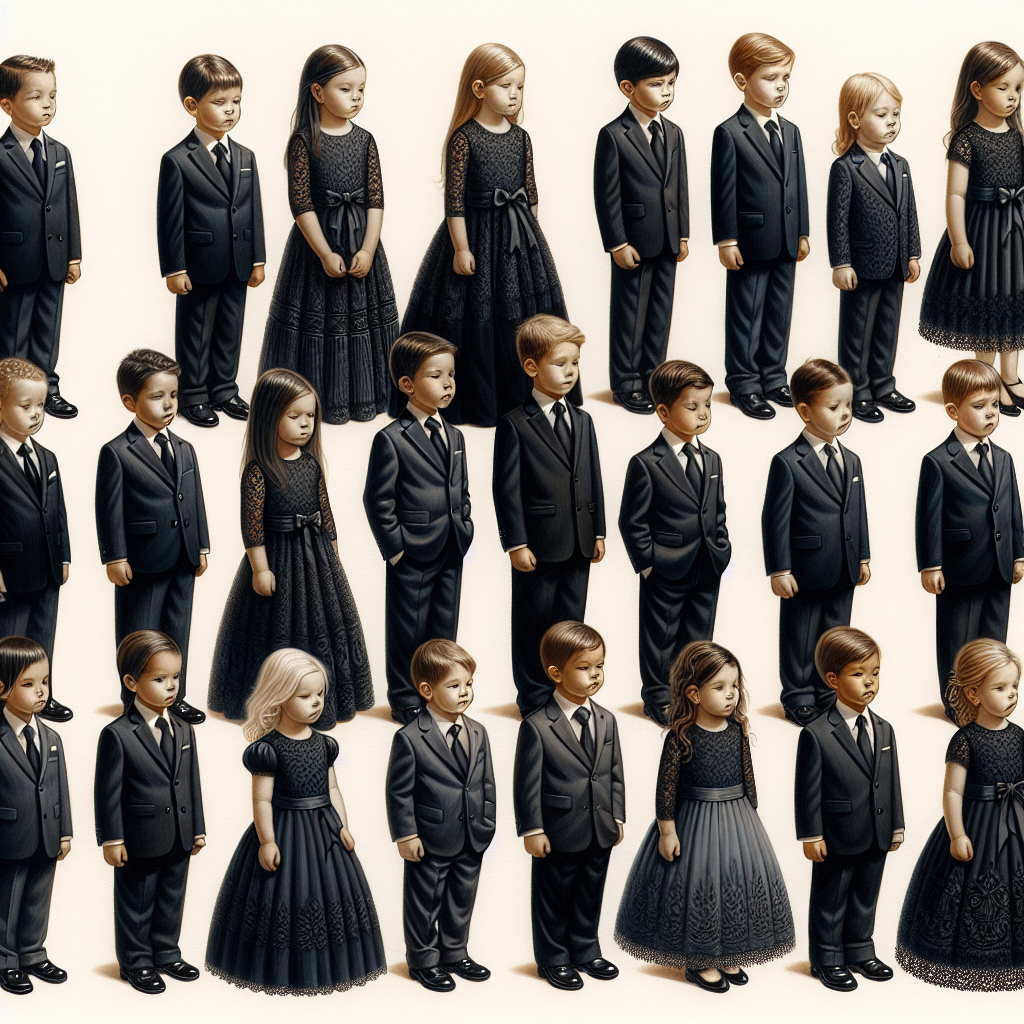 A delicately painted image showing a variety of respectful and tasteful attire suitable for a funeral. The scene showcases various children of different descents such as Caucasian, Hispanic, Black, Middle-Eastern, and South Asian. The children, varying in gender, are positioned in a manner that gives each outfit visibility. They are dressed in somber hues&mdash;the boys in black or dark navy blue suits with neckties, and the girls in black or grey dresses with a subtle embellishment, perhaps a ribbon or a lace trim. Each outfit is meticulously detailed to portray a range of must-have attire for kids attending a funeral.