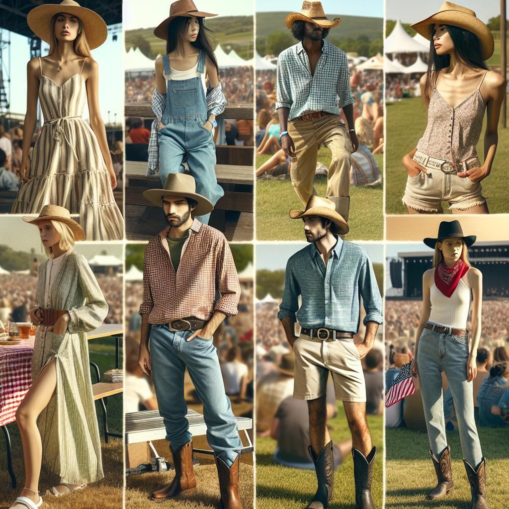 Must-Have Outfits for Country Concerts: Style & Comfort A visual representation of an outdoor country concert venue during a sunny afternoon. In the foreground, capture various individuals showcasing the must-have outfits for such events while also maintaining style and comfort. Include a South Asian woman wearing a breezy sundress with comfortable sandals and a straw hat, a Middle Eastern man flaunting a gingham shirt paired with khaki shorts and a cowboy hat, a Black woman in a denim jumpsuit with cowboy boots, and a Caucasian man wearing a plain white tee, jeans, and weathered leather boots. Add elements of the festive vibe, like people enjoying music, food stalls, and sun-baked grass open fields.