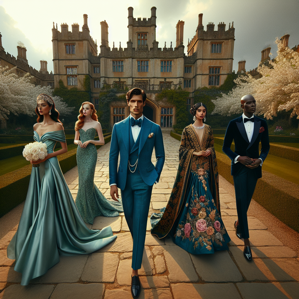 Stunning Outfits for Castle Weddings: Effortless Elegance A grand scene of a historic castle surrounded by blossoming gardens under the golden afternoon light. On the stone-paved pathway leading to the arched entrance, visualize a diverse group of guests. A Caucasian woman in an elegantly flowing sea-green silk gown paired with a pearl-adorned tiara. A Black man dressed in a royal blue three-piece suit, his hand holding a white rose bouquet. Display a South Asian woman in a richly embroidered gold sari with rubies sparkling in her elaborate hairdo and a Hispanic man in a classic black tuxedo with a silk multicolored pocket square. The outfits spell effortless elegance suitable for castle weddings.