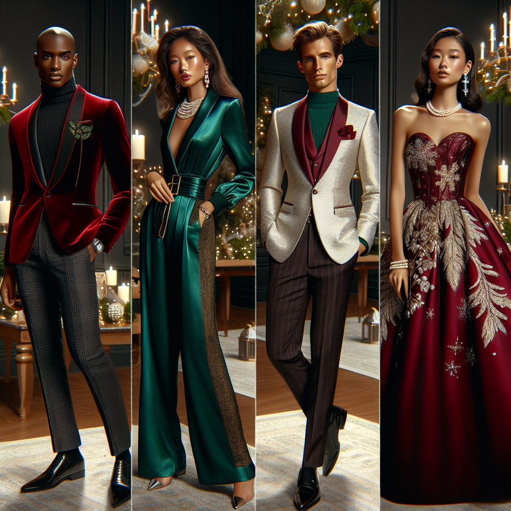Stunning Outfits for Your Work Christmas Party! Visualize a professional holiday party in an elegantly decorated venue. In this scene, there are five individuals showcasing their different yet stunning office Christmas party outfits. The first person is a Black man dressed in a sleek red velvet blazer, paired with a black turtleneck and matching slacks. Standing next to him is an Asian woman, wearing a captivating emerald green silk dress with gold accents. Third, there's a Hispanic male in a classy white suit with a festive candy-cane-striped tie. Then, observe a Middle-Eastern woman draped in a glitzy silver jumpsuit, accessorized with pearl earrings. Lastly, imagine a South-Asian woman carrying a burgundy velvet gown embellished with snowflake embroidery.