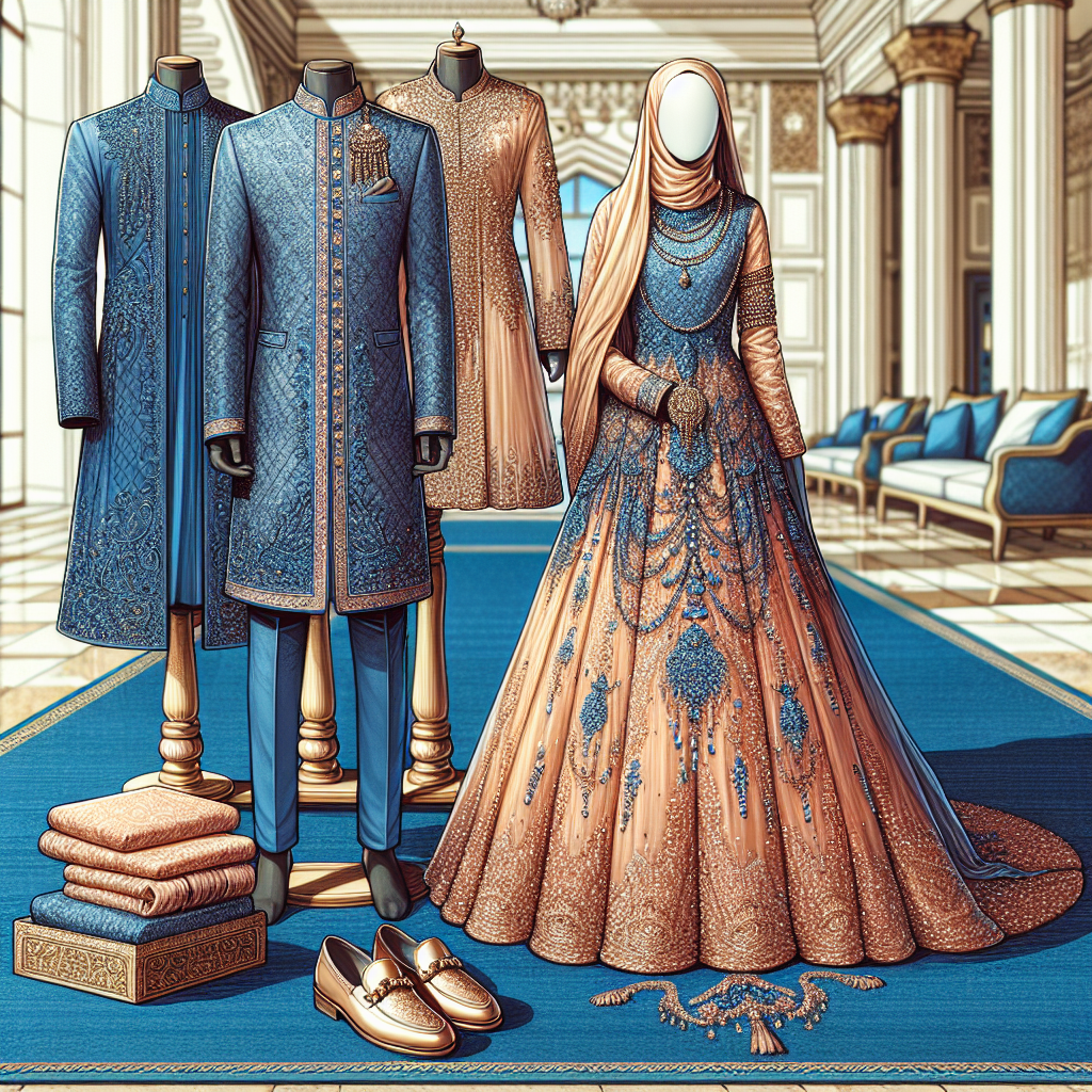 Must-Have Attire for a Muslim Wedding: Elegant & Modest An illustration of a Muslim wedding attire. Over a plush cobalt blue carpet, we see an array of must-have apparel elegantly displayed. To the left, a groom's ensemble: a richly embroidered Sherwani in deep royal blue, paired with golden loafers. To the right, a bride's outfit: a peach-hued, full-length, A-line gown characterized by intricate beadwork and sequins, combined with a matching Hijab gracefully draped over the model’s shoulders. All elements should reflect both elegance and modesty. An overall setting of a wide, tastefully decorated room with marble columns and luscious gold accents would perfectly set the context.
