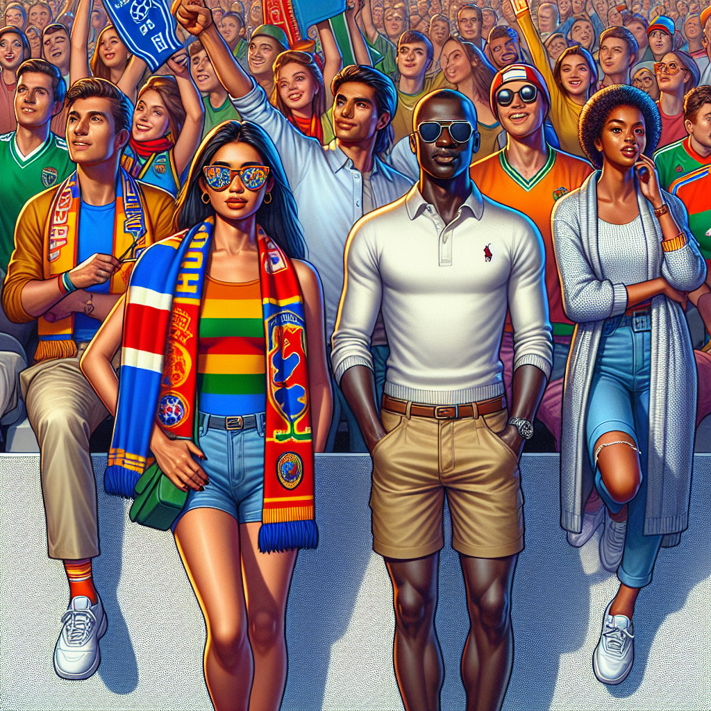 Imagine a vibrant scene of a stylish soccer (football) game audience. To the left, a South Asian woman proudly dons her team's colorful scarf around her neck, her outfit includes a light, breathable T-shirt and a pair of trendy sunglasses. Towards the center, a black man sports a comfortable polo shirt with the emblem of his favored team, khaki shorts, and sneakers. To the right, a white man is in a light sweater, jeans, and a cap to shield from the sun, holding a foam finger. Behind them, a sea of like-minded fans cheer their teams on.