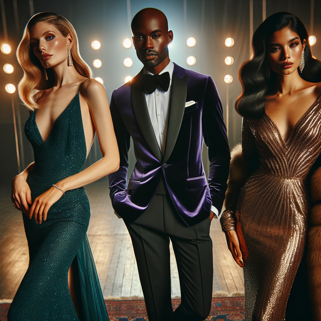 Visualize a scenario that captures the theme of 'Formal Dinner Fashion: Must-Have Looks for Music Enthusiasts'. Imagine a Caucasian woman, a Black man, and a Hispanic woman all elegantly dressed in their evening best, reflecting high-end dinner party fashion. Each individual is showcasing luxe materials, bold colors, and sophisticated styling cues inspired by the contemporary pop music scene. The Caucasian woman is wearing a figure-flattering teal gown, the Black man is in a stylish deep purple velvet tuxedo, and the Hispanic woman is dazzling in a golden sequin dress. They exude confidence and flair under ambient lighting, which sets a refined and glam atmosphere.
