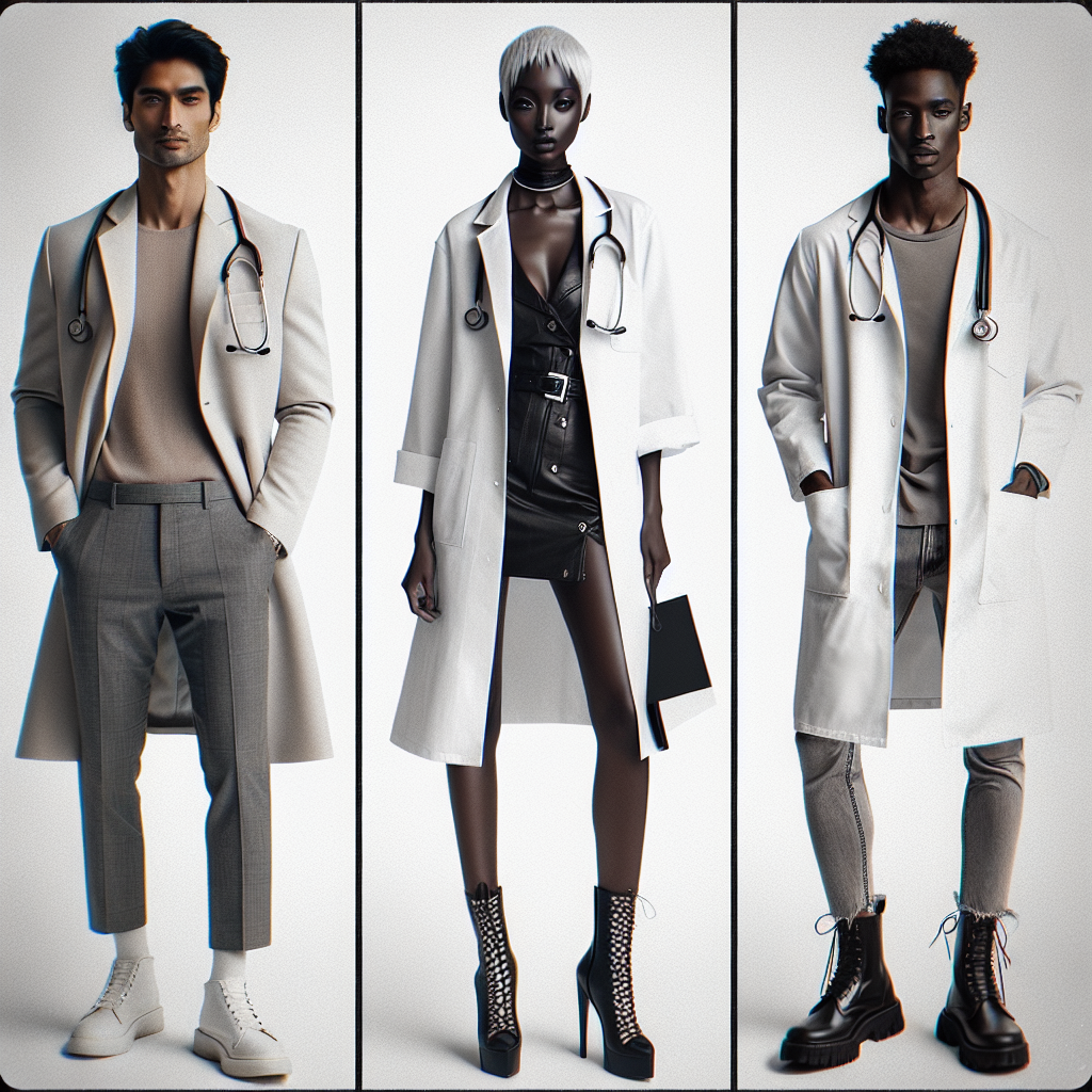Stunning Outfits for Shadowing a Doctor: Must-See Styles Imagine a series of fashion-forward outfits styled for a day shadowing a doctor. The first is on a South Asian male dressed in smart casual attire and a classic doctor's coat – white and clean. The second shows a Black female wearing an edgy, yet professional attire with her own stylish take on the doctor's coat. The third shows a Hispanic male with a relaxed and comfortable ensemble under the trademark white coat. All three individuals carry a doctor's accessory: a stethoscope, dangling casually, yet symbolizing professionalism and class.