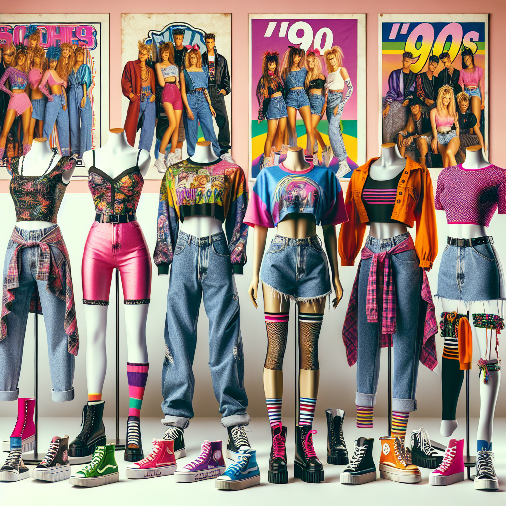 Create a vibrant image representing a collection of stunning, effortlessly stylish outfits for a '90s-themed party. The display should include different ensembles, mirroring the eclectic range of the decade's fashion. There should be a mixture of gender representation, featuring male and female outfits. The male outfit should consist of baggy jeans, a graphic band t-shirt, and a plaid flannel tied around the waist. The female outfit should showcase high-waist denim shorts, colorful crop tops, chunky footwear, and brightly colored hair accessories. The backdrop should set the vibe of a house party with '90s pop-culture posters.