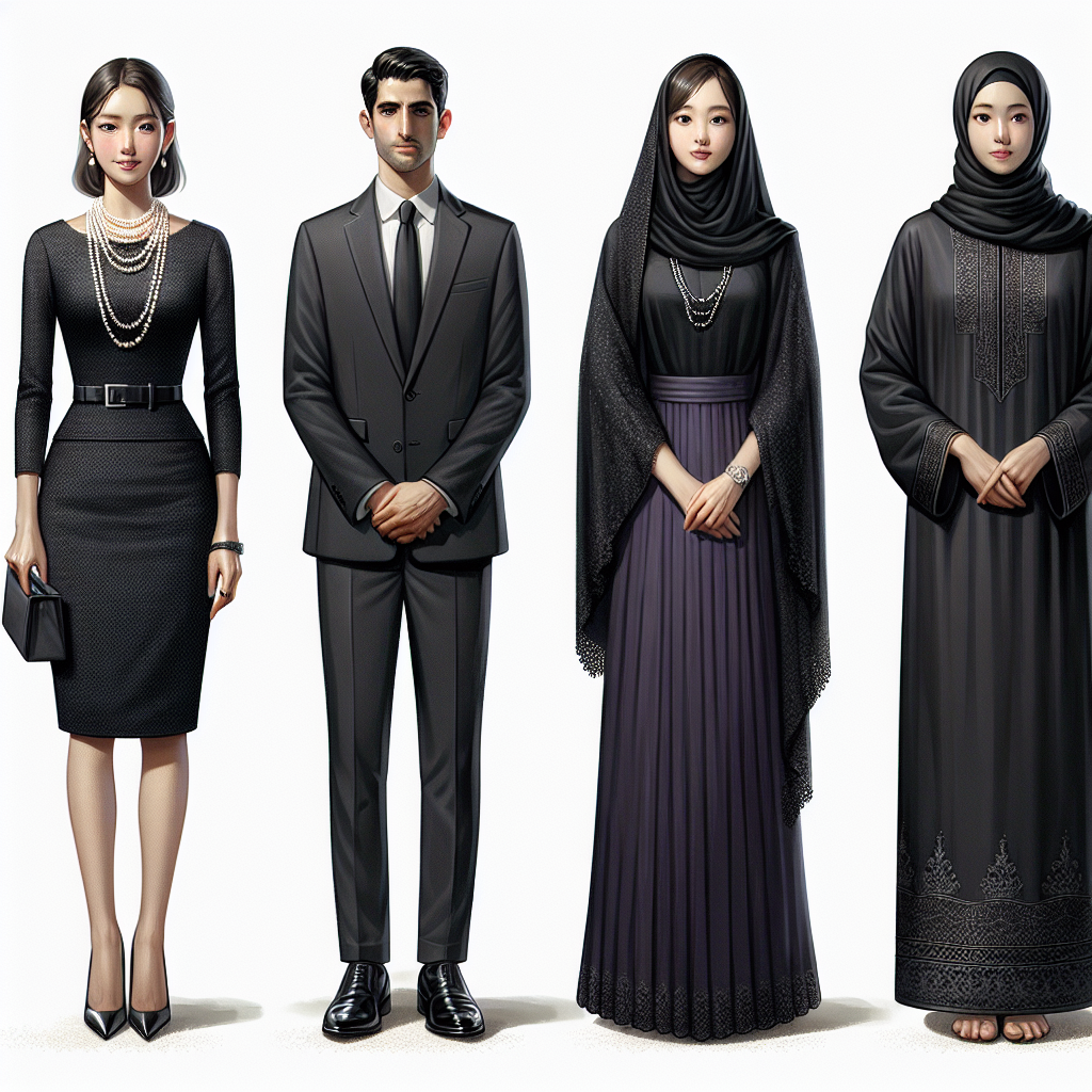 Stunning Outfits for Funerals: Effortless & Respectful Depict a variety of respectful and elegant funeral outfits. The first ensemble features a sophisticated black dress on a Hispanic woman, paired with a pearl necklace and matching earrings. The second outfit is a well-tailored, dark grey suit worn by a Caucasian man, featuring a black tie and polished shoes. For contrast, show an Asian woman in a somber, dark purple saree, accented with simple silver jewelry. Lastly, depict a Middle-Eastern man in a traditional black thobe, intricately embroidered. Each person stands poised, signifying an air of respect and grace typical of funerals.