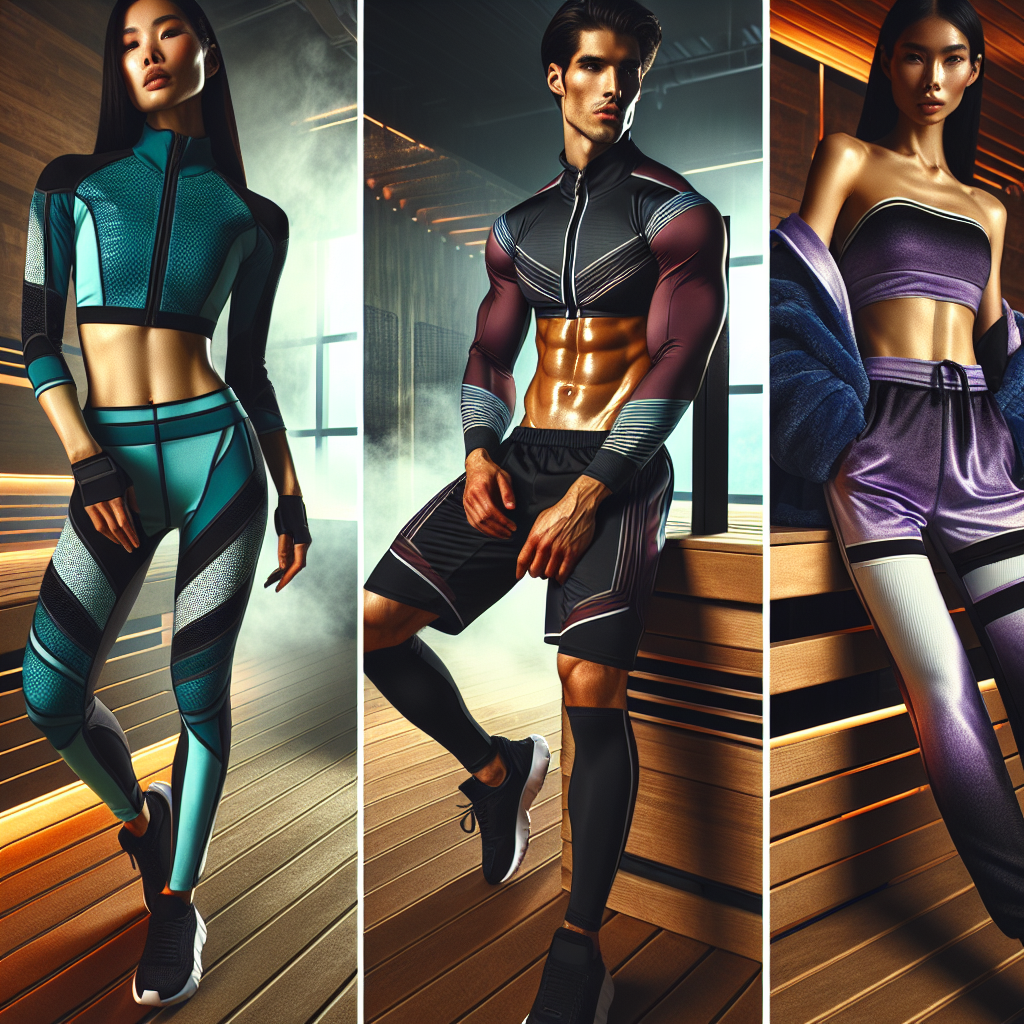 Stunning Sauna Styles: Effortless & Chic Gym Wear Visualize a variety of stylish and effortlessly chic gym clothes tailored for sauna use. The first outfit is sported by an East Asian athletic woman donning a heat-resistant training ensemble in shades of turquoise and black. The second outfit belongs to a male Hispanic athlete rocking an edgy red and black sauna-resistant kit. The third ensemble represents a fashionable South Asian woman draped in a violet and white sauna wear. The background subtly suggests a modern, well-maintained fitness facility, with elements like wooden benches, warm lighting, and steam visible in the air.