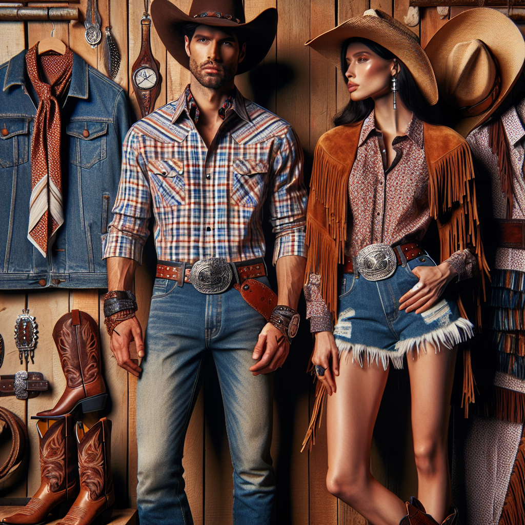 Rodeo Chic: Must-Have Outfits for Wild Adventures Imagine a cowboy-inspired fashion spread showcasing must-have garments for wild adventures. The image will display a collection of stylish rodeo outfits. From one side, a Hispanic gentleman clad in a neatly-pressed, colorful plaid shirt, sturdy denim jeans, and a well-polished pair of cowboy boots. To the other side, an African American lady dressed in a fashionable fringed suede jacket, worn over a boho patterned blouse, accompanied by a pair of cut-off denim shorts and accented brown leather cowboy boots. Accessories like intricate bolo ties, wide-brimmed cowboy hats, and leather belts with large silver buckles are emphasized. The background is a rustic wooden backdrop, suggesting a wild-western ambiance.