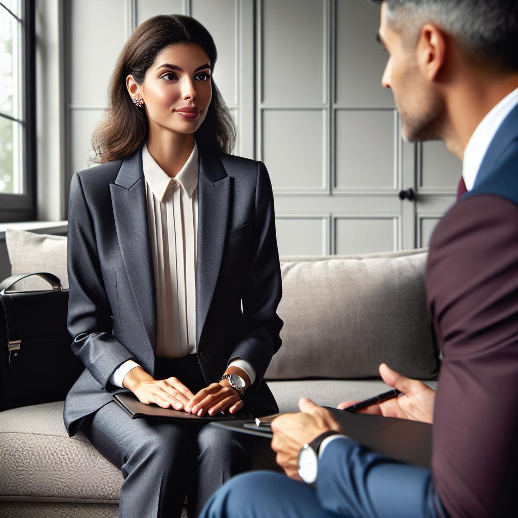 Envision a bustling school campus. In the principal's office, two individuals are conducting an interview: a Hispanic male school principal and an African American female teacher candidate. She is dressed to impress for the crucial teacher interview. The teacher's outfit is professional and stylish, consisting of a well-tailored charcoal grey suit, with a crisp white blouse underneath, complemented by subtle pieces of jewelry such as petite stud earrings and a minimalist wristwatch. She is also carrying a sleek, black leather portfolio. The principal is dressed in a navy-blue suit, complemented by a burgundy tie.