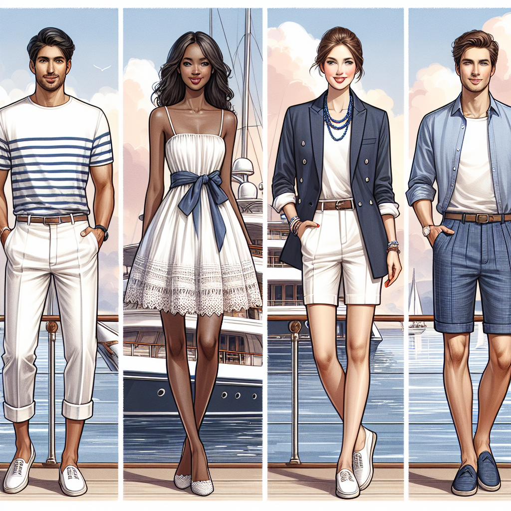 Stunning Outfits for a Boat Ride: Must-Have Looks Create a detailed fashion guide image featuring four individuals in stylish outfits for a boat ride. First, picture a South Asian man in a classic marine outfit of white sailor pants and a blue-striped T-shirt. Next, visualize a Black woman dressed in a breezy sundress with marine-inspired accessories. Thirdly, depict a Caucasian woman in a chic navy blazer and white shorts. Lastly, envision a Hispanic man wearing a comfortable linen shirt with marine blue chino shorts. A background of an elegant yacht on a serene sea under a soft summer sky completes this marine setting. Note, the outfits should express style and functionality for a boat ride.