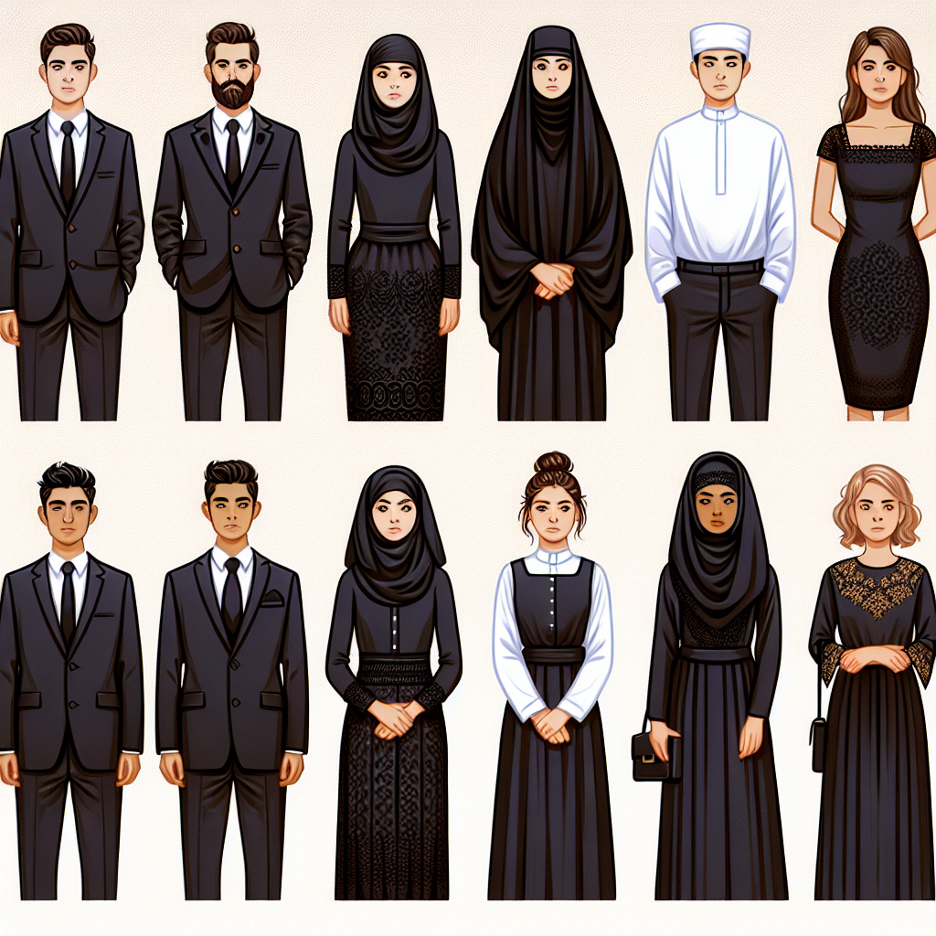 Create an image showing a variety of timeless and dignified funeral attire for all genders and descents. Western funeral fashion: On the left, show a Caucasian man in a traditional black suit and tie. In the center, portray a Middle-Eastern woman dressed modestly in a black dress and mantilla. On the right, illustrate a Black woman wearing a simple black blouse and skirt. Eastern funeral fashion: Below these, show a South Asian man in a white kurta and dhoti, a Hispanic woman in a black mantilla and dress, and a white woman in a black kimono. Avoid showing faces to respect the solemn context.