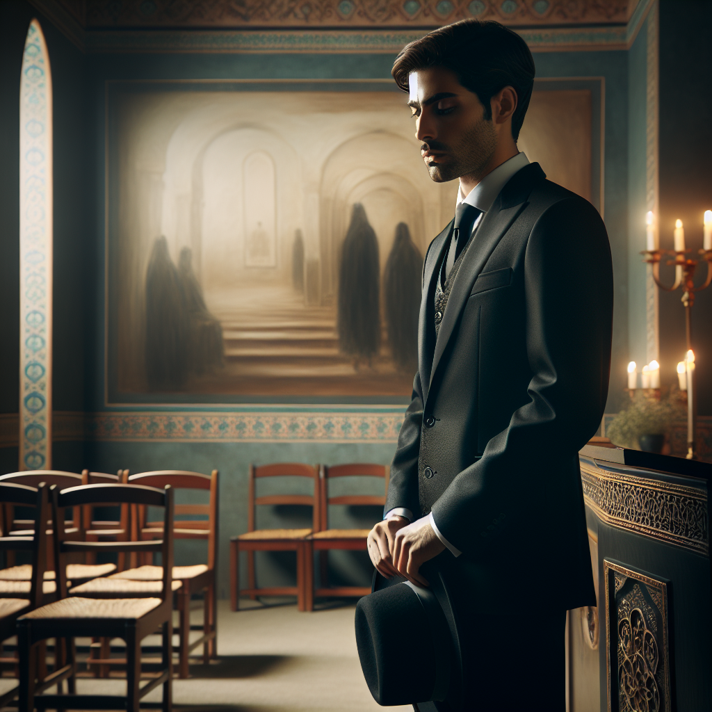 What to Wear at a Wake: Men’s Essential Guide Create an image that depicts a scene in an elegant, peaceful room, lit dimly. Show a Middle-Eastern man in his 30s, standing alone. He's dressed up in a traditional black suit with a white dress shirt underneath and a black tie, looking contemplative. He's holding a black hat in his hands. In the background, display a few empty wooden chairs arranged neatly and a calm, muted, abstract painting on the wall, done in the style of impressionist artists working with oil paints. The image should encapsulate the solemnity of a wake.