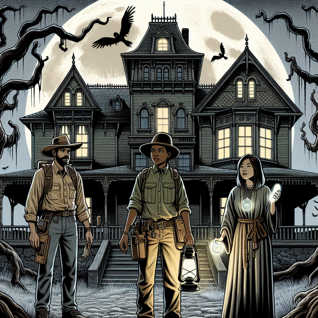 Must-Have Styles for a Haunted House Adventure Visualize a haunted mansion shrouded under the grey shadows of a looming full moon. The house should emit an eerie glow, its wicked charm accentuated by twisted, gnarly trees reaching out as though they have hands. Near the entrance, three adventurers are ready to enter. A female African American Archaeologist, wearing a khaki jacket and wide-brimmed hat, equipped with a lantern. A Hispanic male Ghost Hunter with an EMF reader and an Asian female Medium, in her flowing attire, holding a crystal pendant. The atmosphere should be charged with spine-tingling anticipation for the haunted adventure looming ahead.
